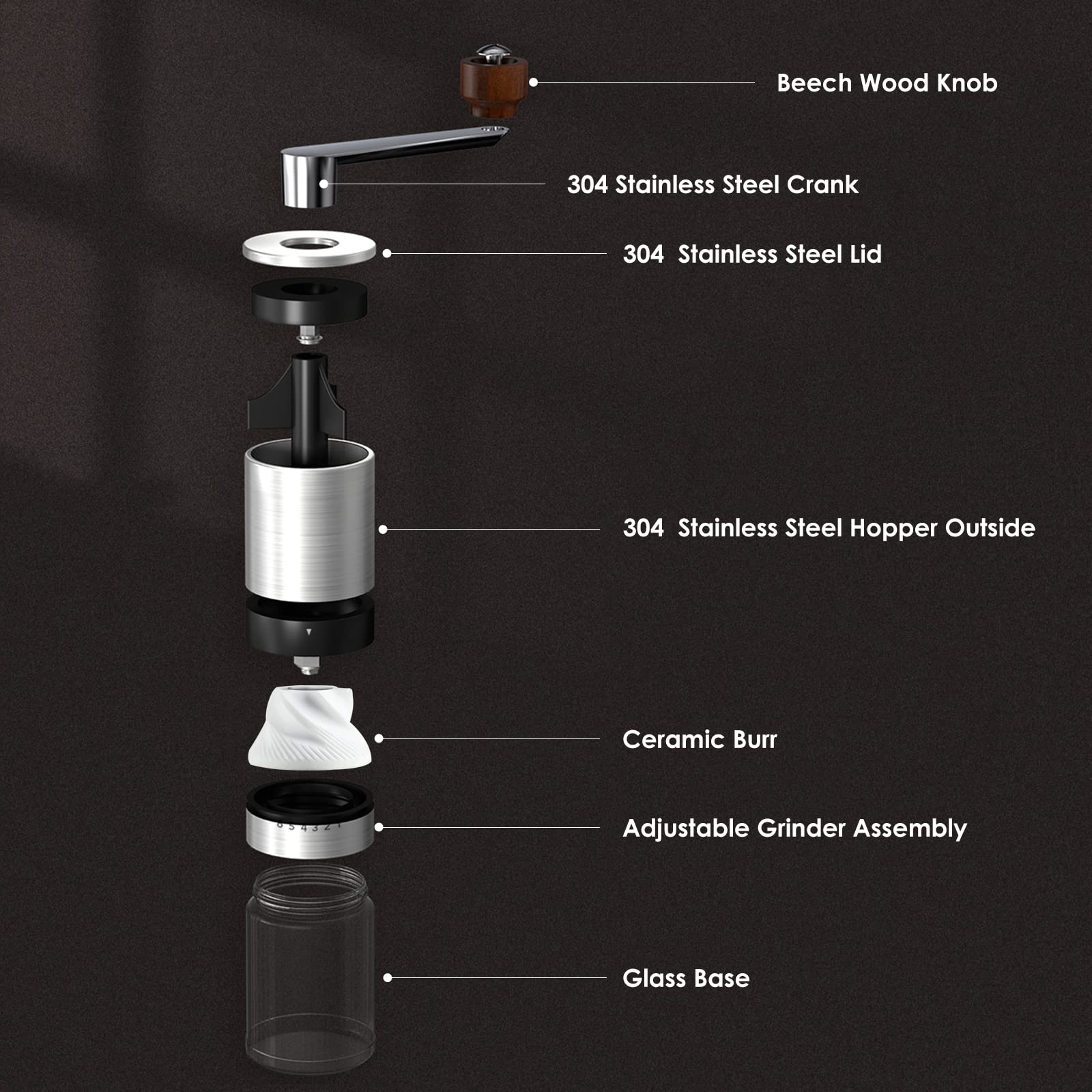 Premium Manual Coffee Grinder - Stainless Steel with Ceramic Burrs, 6 Adjustable Settings, Portable Hand Crank Mill for Espresso, French Press & Pour Over - Perfect for Travel, Camping & Home Brewing