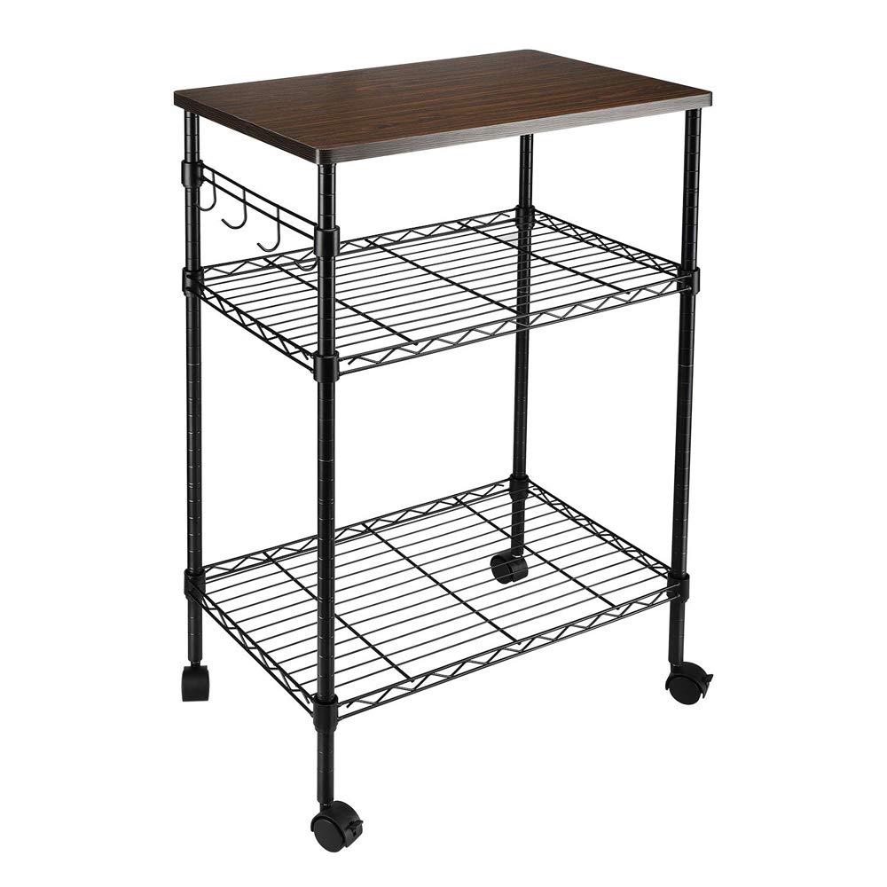 3-Tier Kitchen Cart with Wheels - Wood & Black Storage Rack for Microwave & Pantry Organization