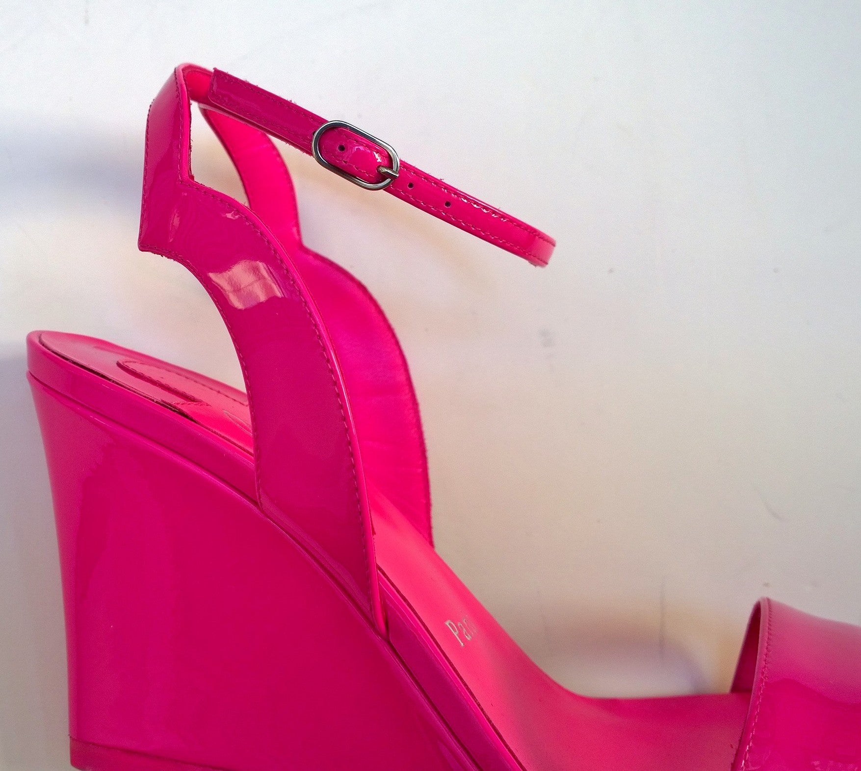 Christian Louboutin Zeppa Chick 100 Bolerose Bright Pink Patent Leather Wedge Sandals Heels - Women's Luxury Designer Shoes for Weddings, Parties & Summer Outfits