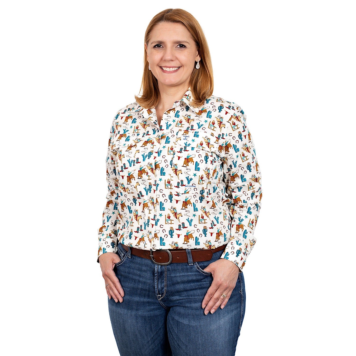 Just Country Women's Abbey Full Button Print Work Shirt - Cream Western Style Cowgirl Shirt for Rodeo, Ranch Work & Country Fashion