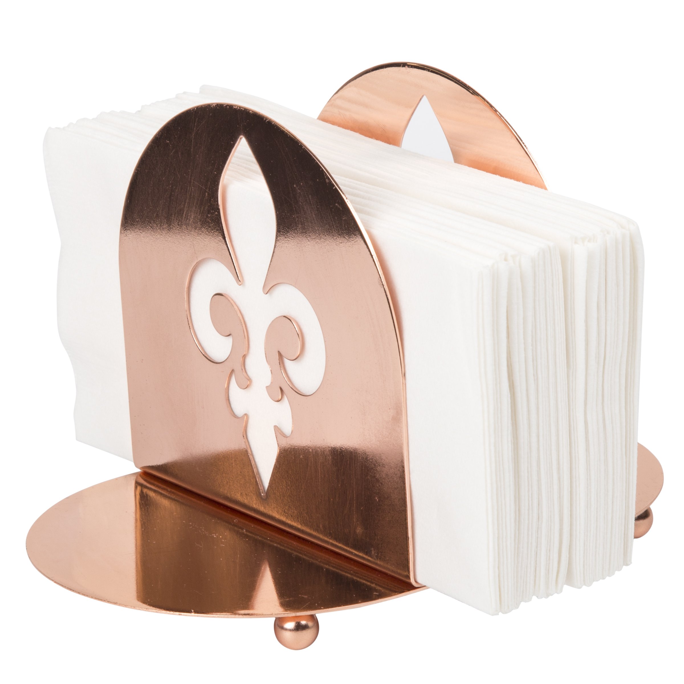 Elegant Copper-Finish Metal Napkin Holder with Fleur De Lis Design - Perfect for Table Setting, Salt & Pepper Shakers, Condiments - Ideal for Dining Room, Kitchen & Party Decor
