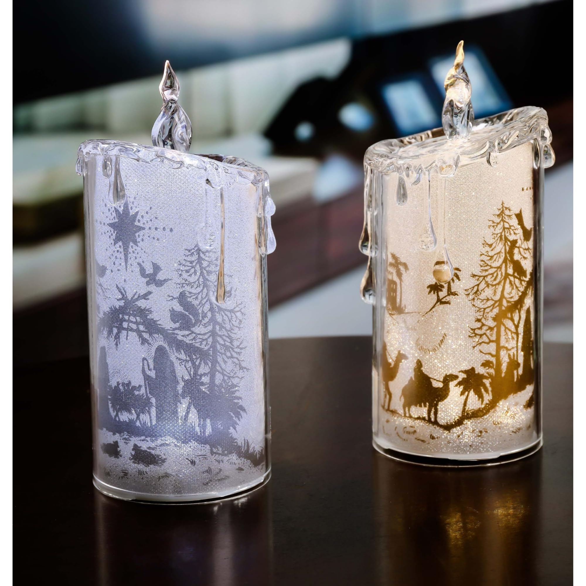 LED Glittering Nativity Candles - 7.75 Inch Gold & Silver Set of 4 - Christmas Decorations for Home, Church & Holiday Table Centerpieces