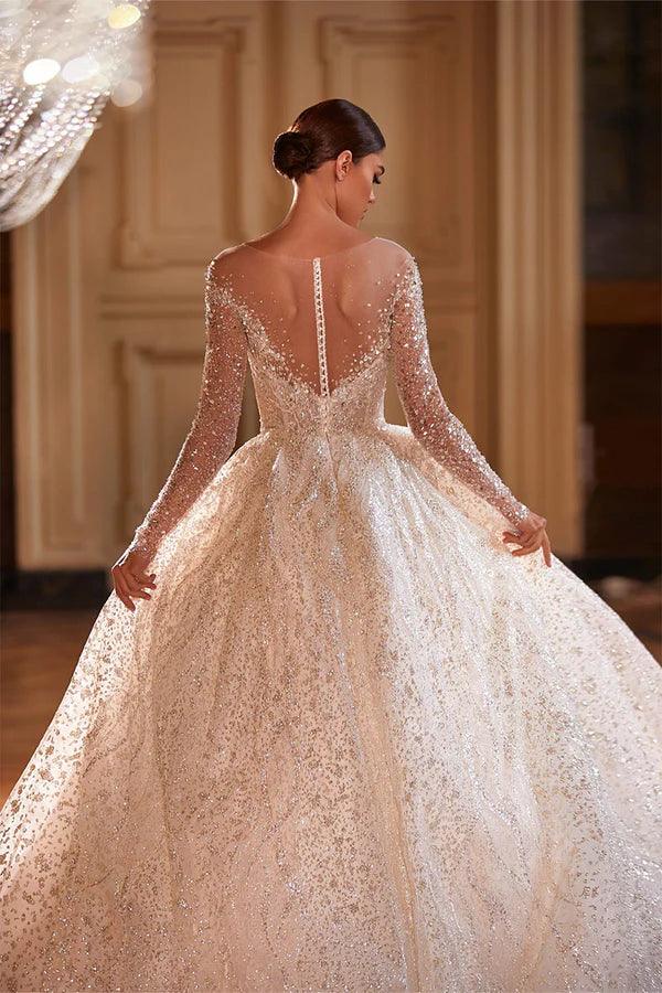Royal French White Princess Bridal Gown - Long Sleeve Sparkling Beaded Wedding Dress for Bride, Ball Gown & Formal Occasions