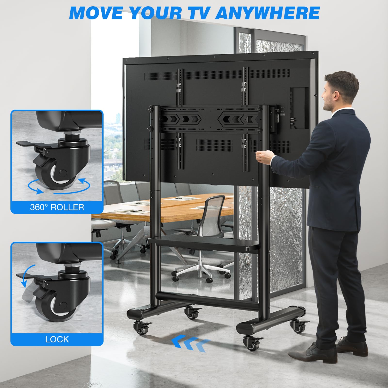 Heavy Duty Mobile TV Stand for 50-92 Inch Large TVs up to 200lbs - Adjustable Height Rolling TV Cart with Locking Wheels & AV Shelf - Perfect for Home Theater, Office Presentations, and Trade Show Displays