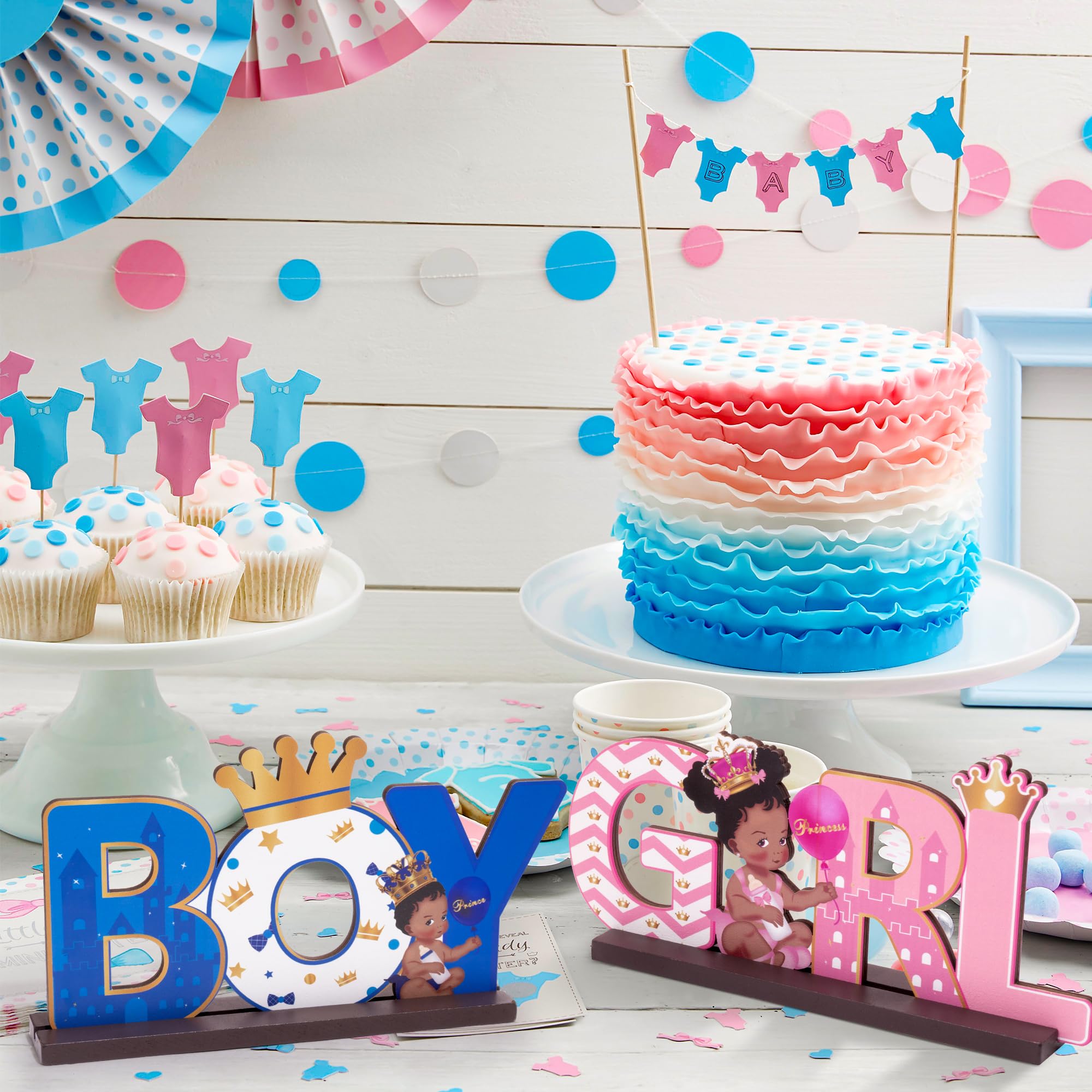 2Pcs Royal Prince or Princess Gender Reveal Wooden Table Centerpieces - African American Boy or Girl Letter Signs - Blue & Pink Baby Shower Decorations for Gender Reveal Party, Nursery, Wedding & Birthday Celebrations