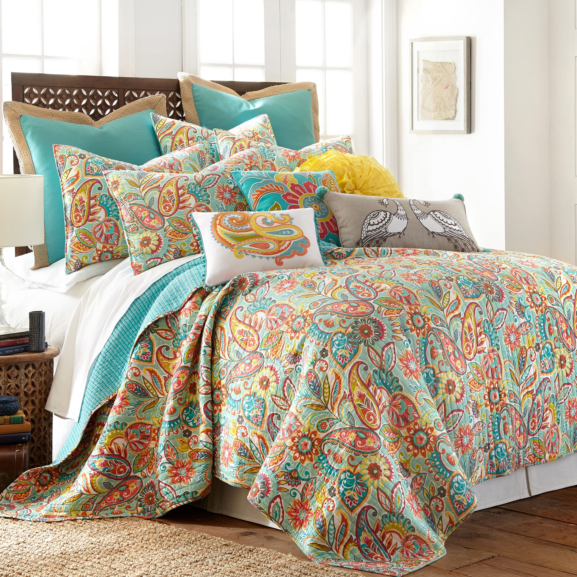 Levtex Home Palisades King Size Quilt Set - 100% Cotton Reversible Paisley Design in Teal Blue | Perfect for Master Bedroom, Guest Room & Cozy Home Decor