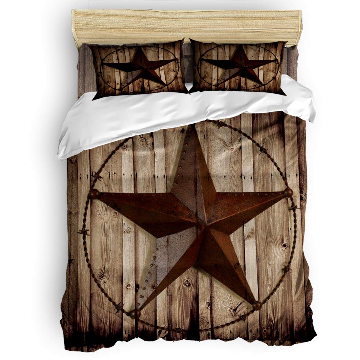 Yogaly 4-Piece King Size Bedding Set - Western Texas Star Rustic Wood Grain Printed Bed Sheets, Duvet Cover, Flat Sheet & Pillowcases for Adults, Teens, Kids & Baby | Perfect for Farmhouse, Rustic & Western Style Bedrooms