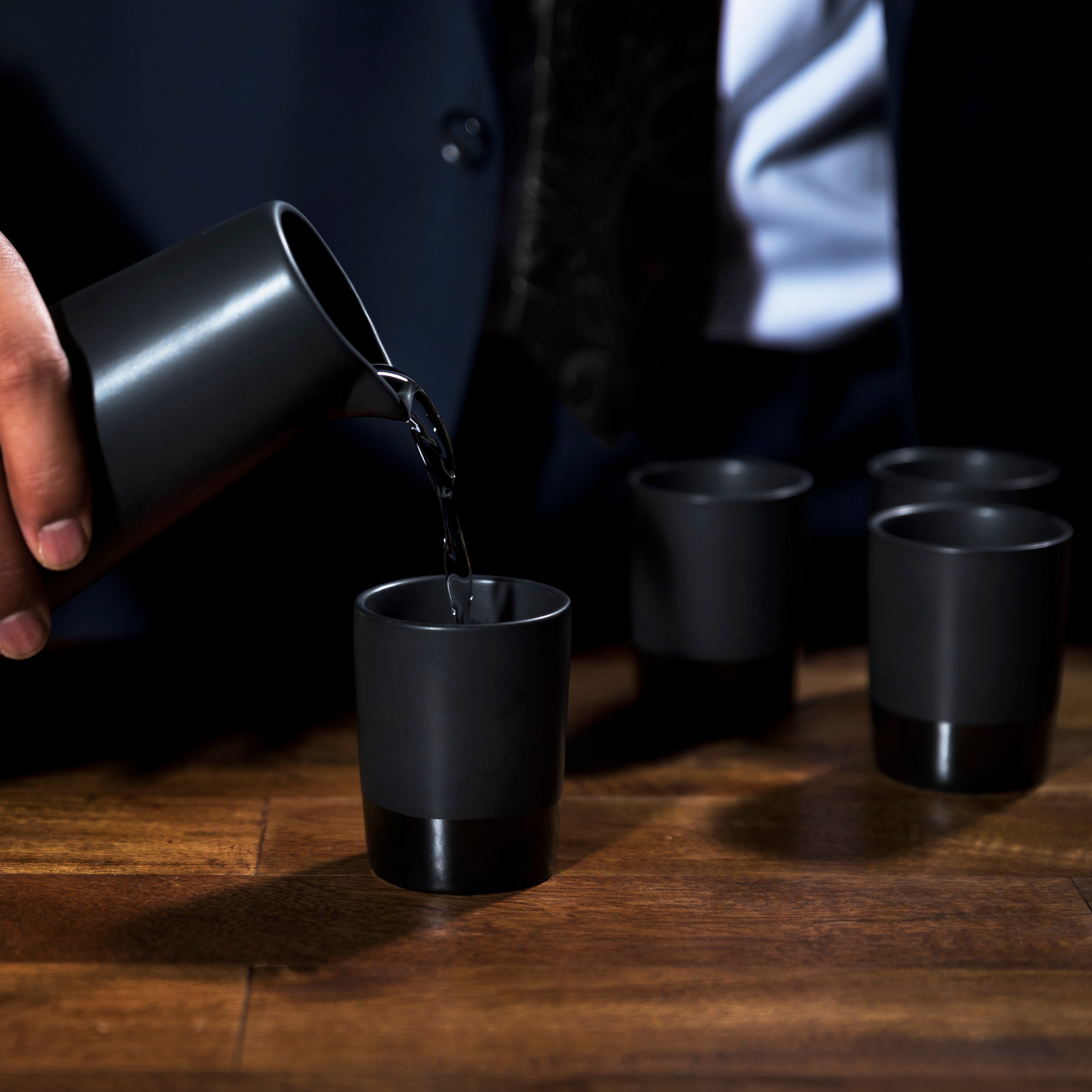 Premium 5-Piece Black Stoneware Sake Set - Traditional Japanese Ceramic Drinking Cups & Carafe for Sushi Dinner, Asian Cuisine & Home Entertaining