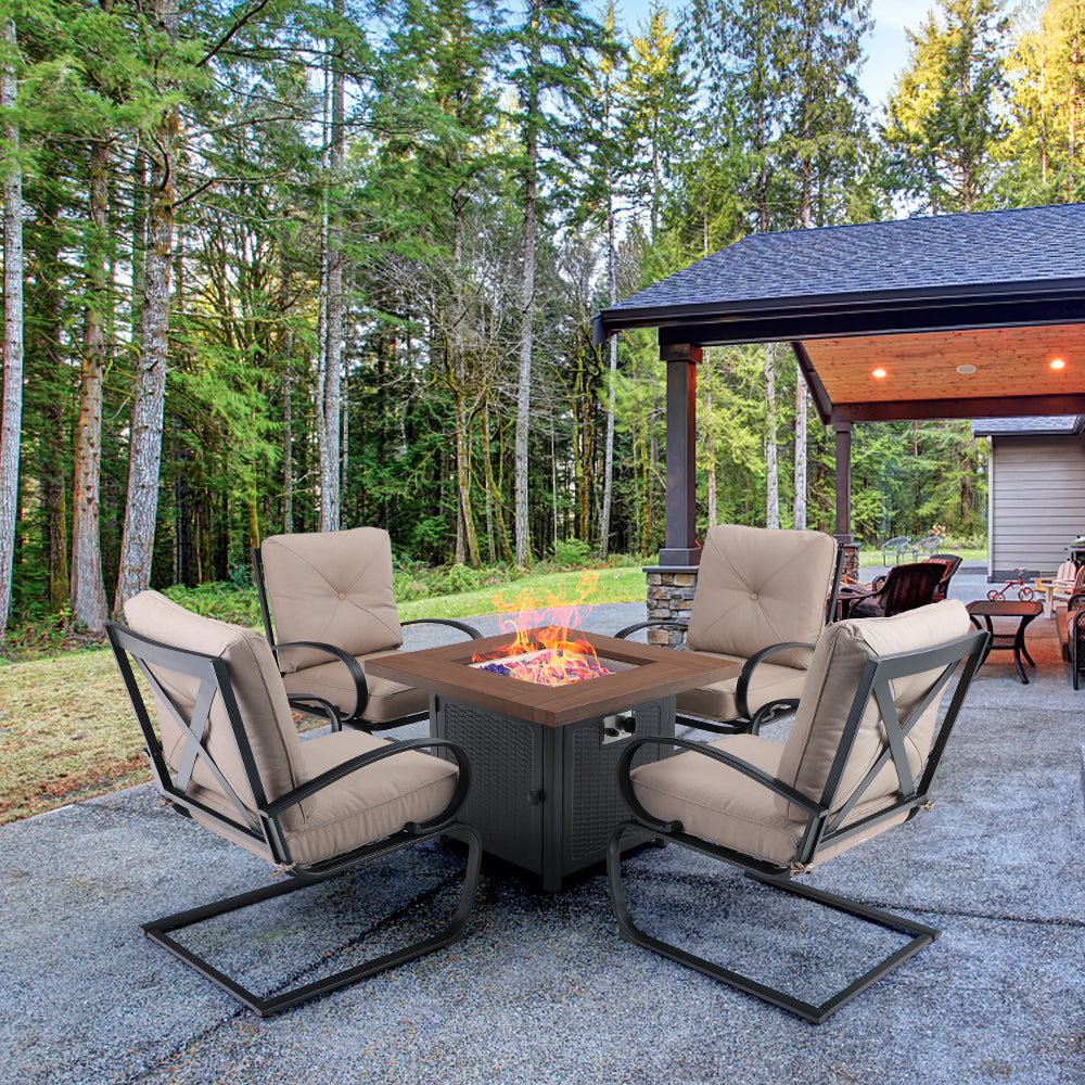 Sophia & William 5-Piece Outdoor Patio Dining Set with 50,000 BTU Wood-Look Gas Fire Pit Table & 4 Spring Cushioned Chairs - Perfect for Backyard Gatherings, Poolside Relaxation, and Cozy Evenings