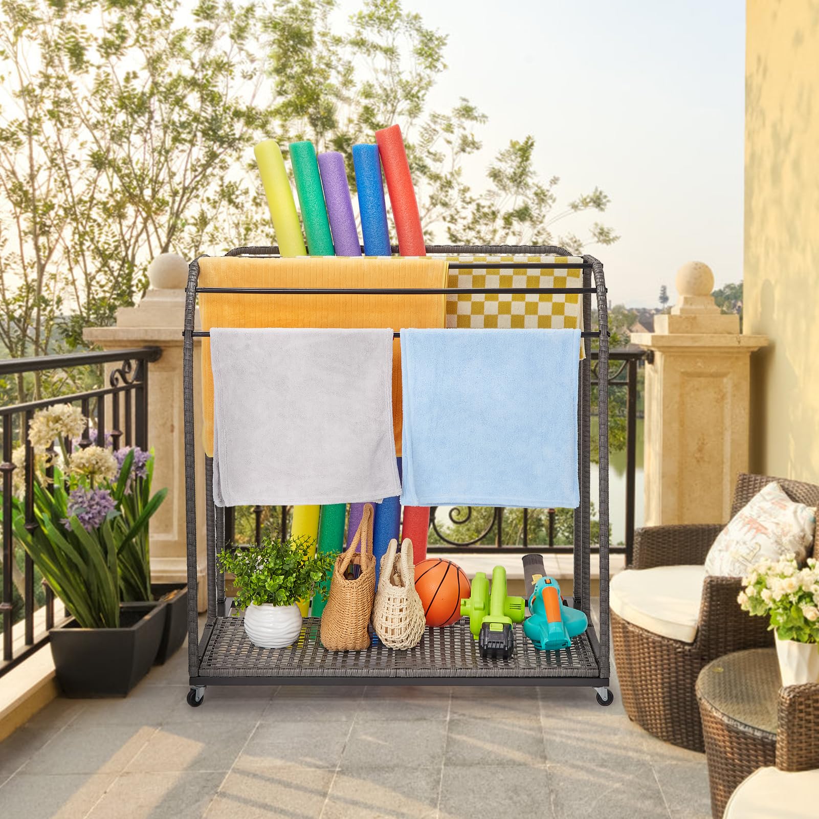 IdealHouse Freestanding Rattan Weaving Poolside Towel Rack - 5-Bar Outdoor/Indoor Storage Organizer for Towels, Pool Floats, Noodles & Swimming Rings - Perfect for Patio, Beach House & Poolside Decor