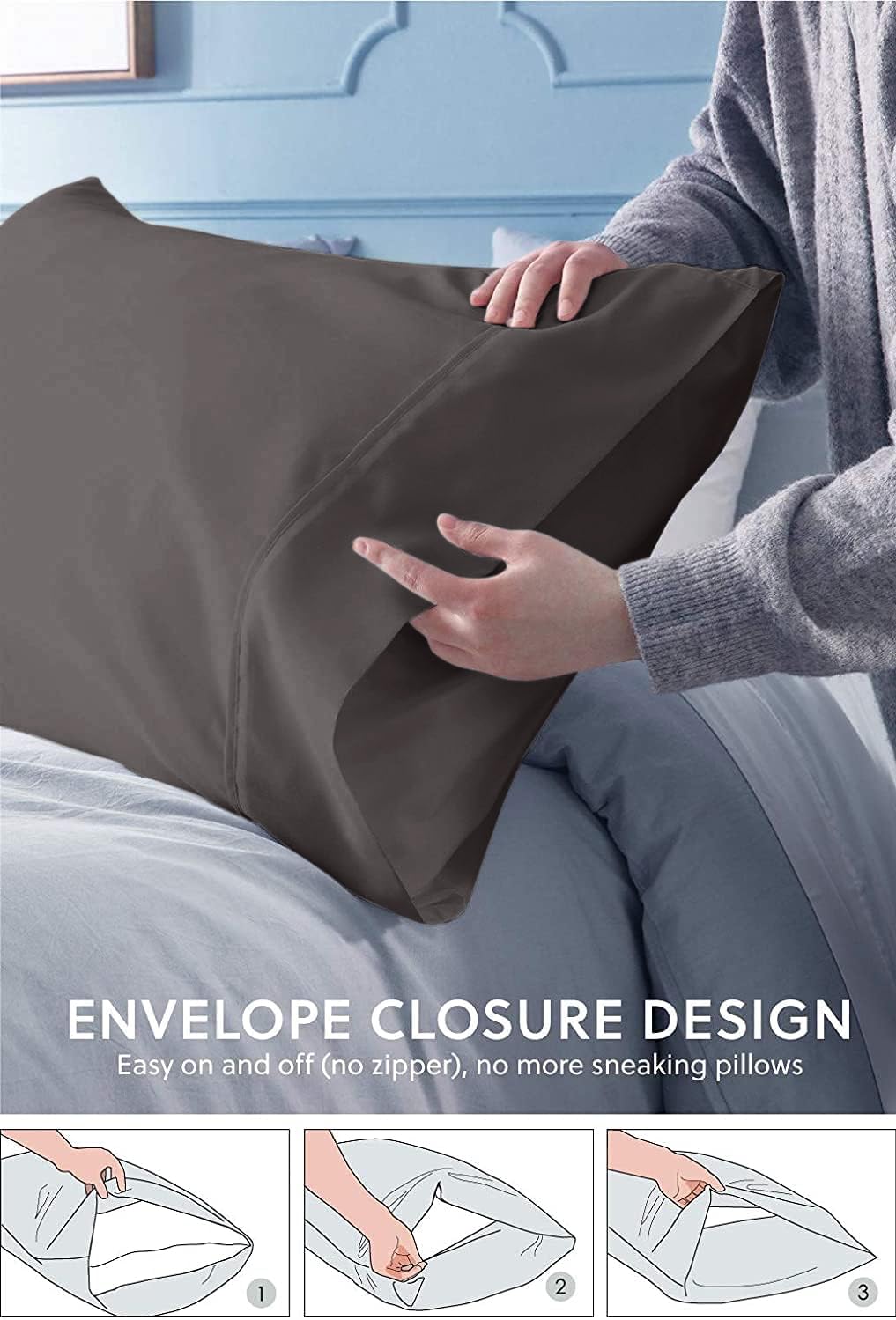 Premium 100% Natural Cotton Queen Pillowcase Set of 2 - 600 Thread Count Soft Grey Pillow Covers (20