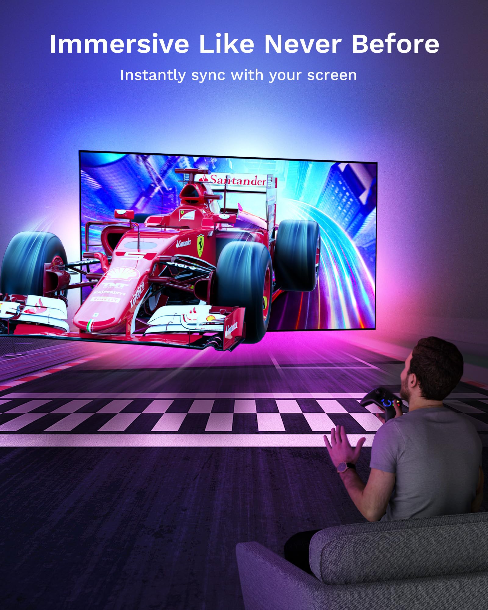 Lytmi TV LED Backlight with HDMI 2.0 Sync Stick - Immersive RGBIC Backlight for 56-75 Inch TVs - Plug & Play, Cuttable Light Strips - Sync with Games, Music & Movies - Perfect for Home Theater, Gaming Setup & Movie Nights