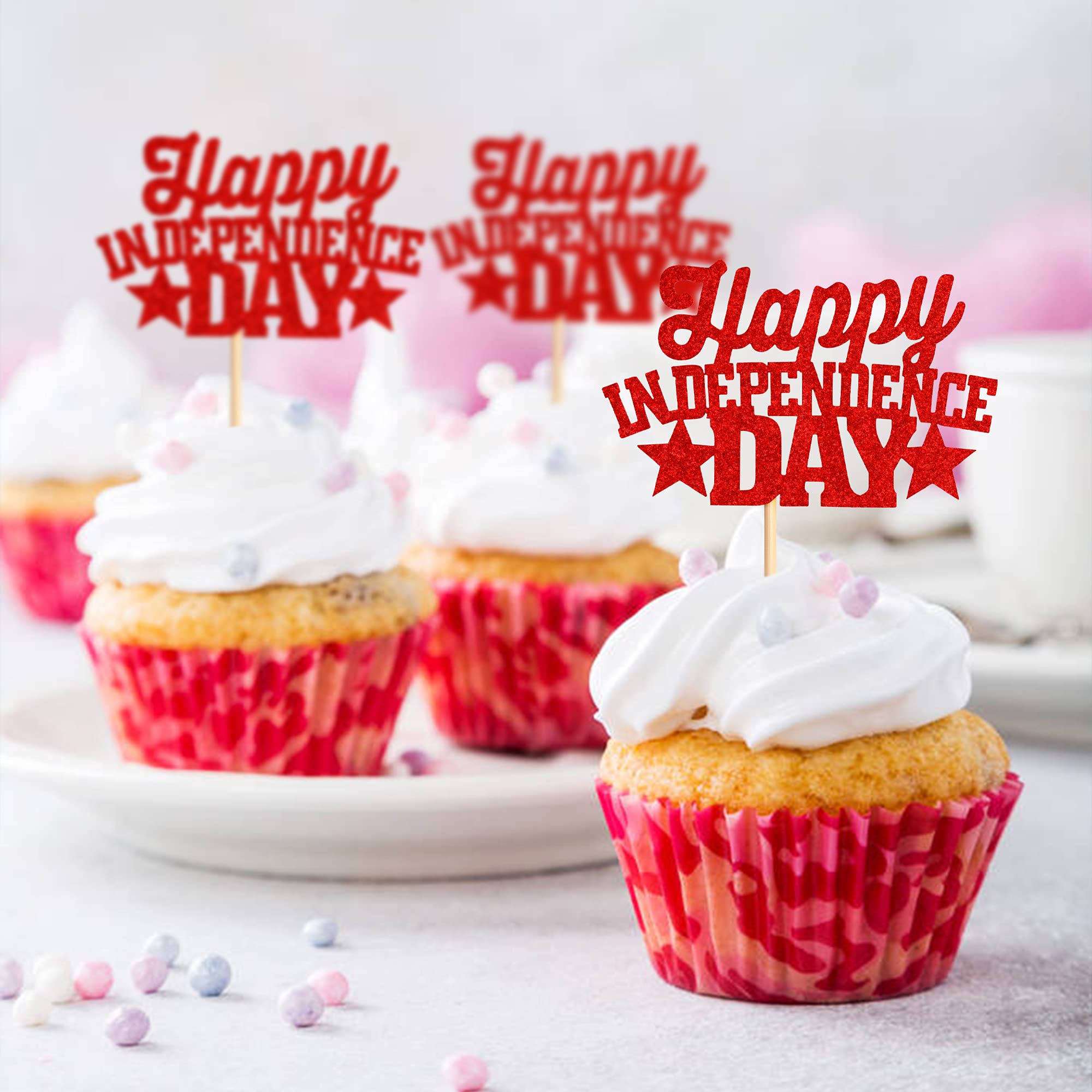 24 Pack Happy Independence Day Cupcake Toppers - Red Glitter 4th of July Patriotic Cupcake Picks - American Flag Themed Birthday Party Decorations - Perfect for National Day Celebrations, BBQs, and Patriotic Desserts
