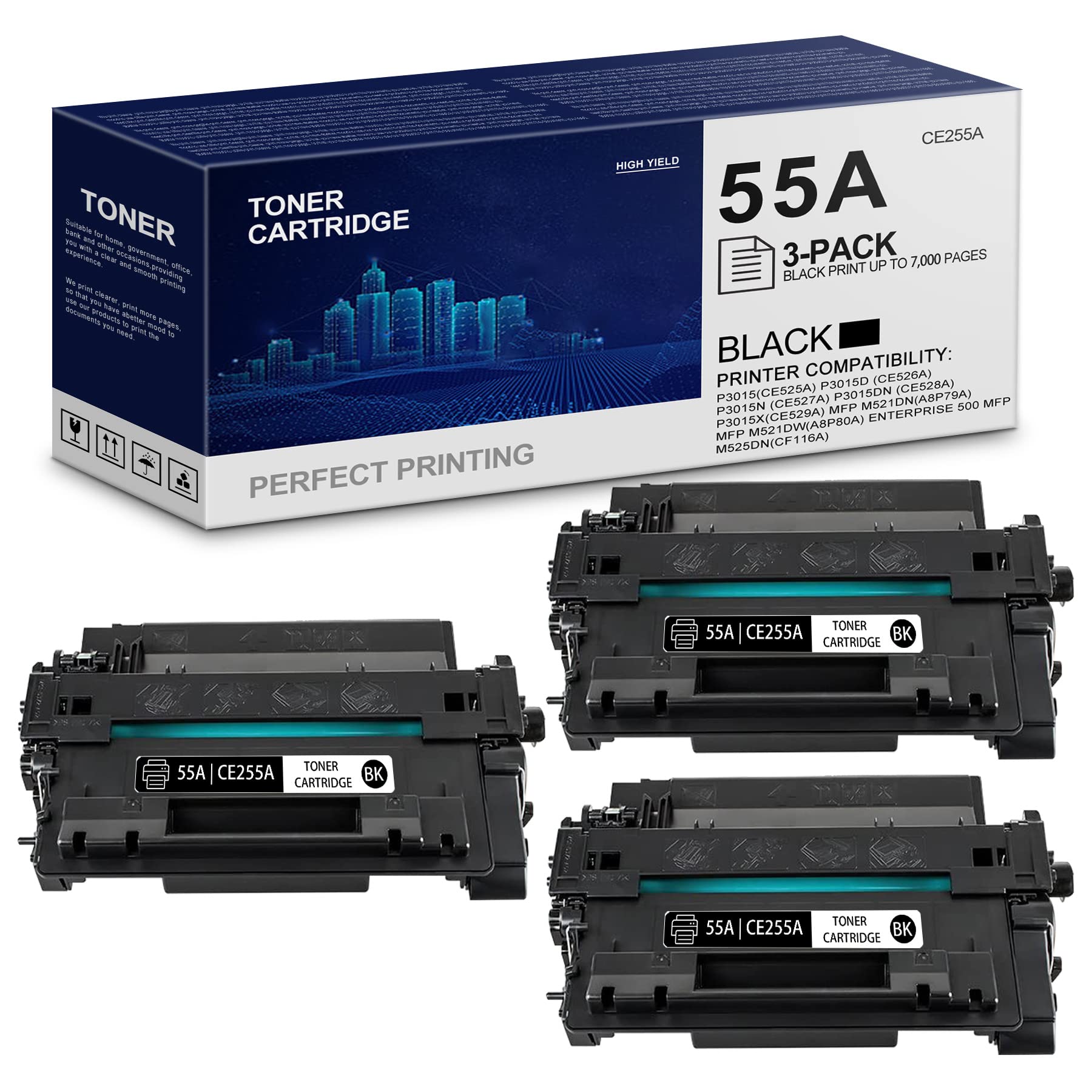 Uotyeink (Black, 3-Pack) 55A | CE255A Compatible Toner Cartridge Replacement for HP P3015 P3015d P3015n P3015dn P3015x MFP M521dn M521dw 500 MFP M525dn M525f M525c Printers | High-Quality Printing for Office & Home Use