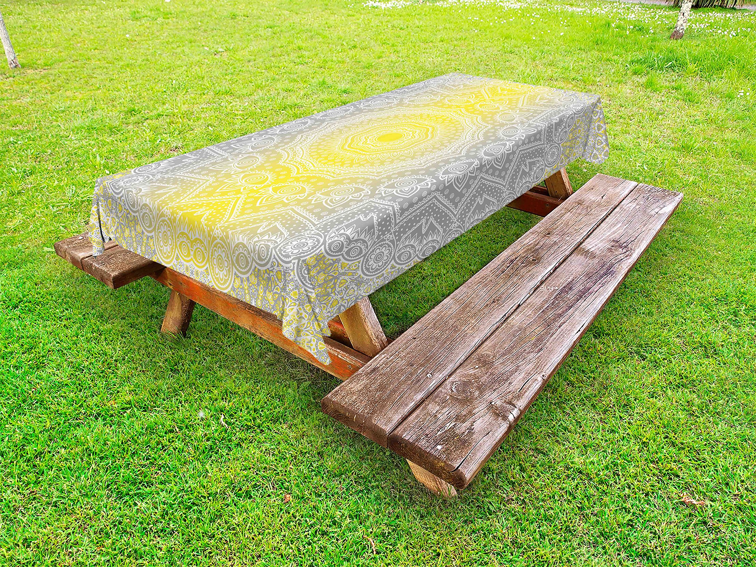 Ambesonne Boho Mandala Ombre Outdoor Tablecloth - Spiral Round Floral Print Washable Picnic Table Cover - Yellow & Grey Decorative Tablecloth 58
