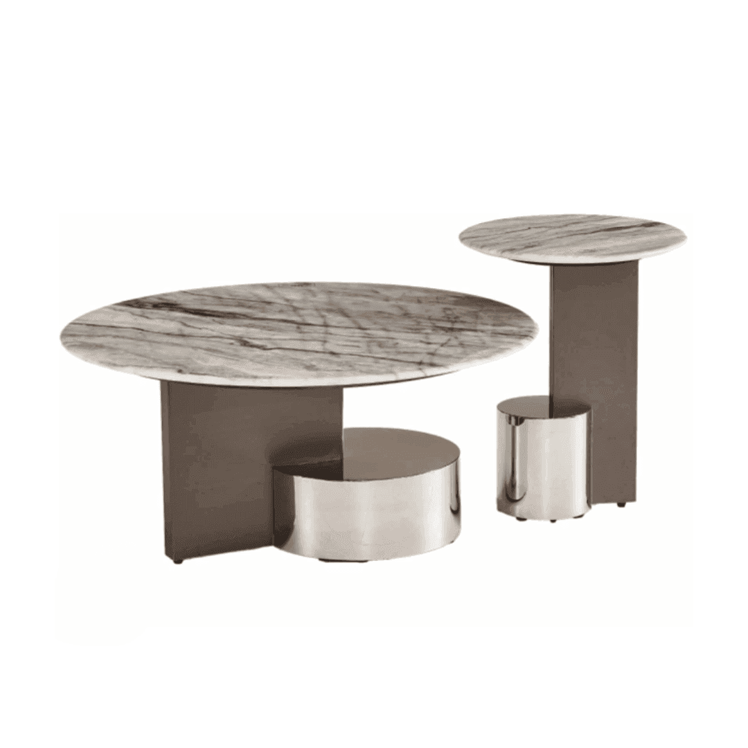 Drusilla Cultured Marble Nesting Coffee Table Set - Modern Side Table for Living Room, Bedroom & Office - White Marble Finish Nesting Tables with Sturdy Metal Base