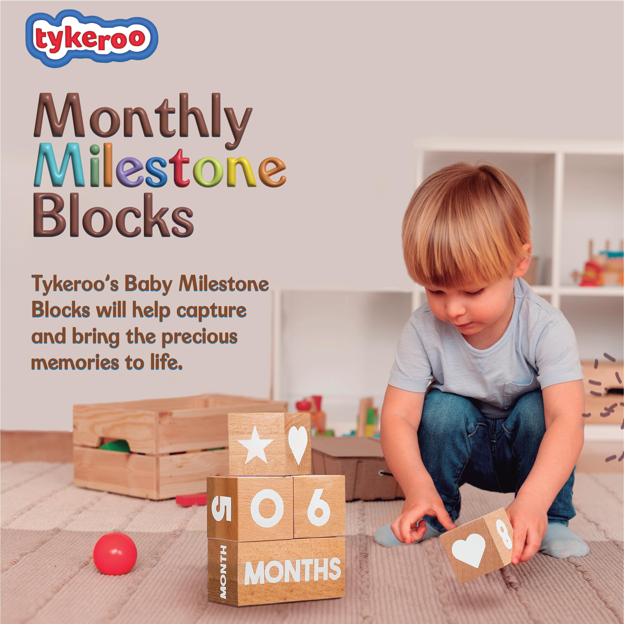 Tykeroo Baby Monthly Milestone Blocks - Natural Beech Wood Nursery Decor - Newborn Photography Props - Perfect Baby Shower Gift for Boys & Girls | Capture Precious Moments from 1-12 Months