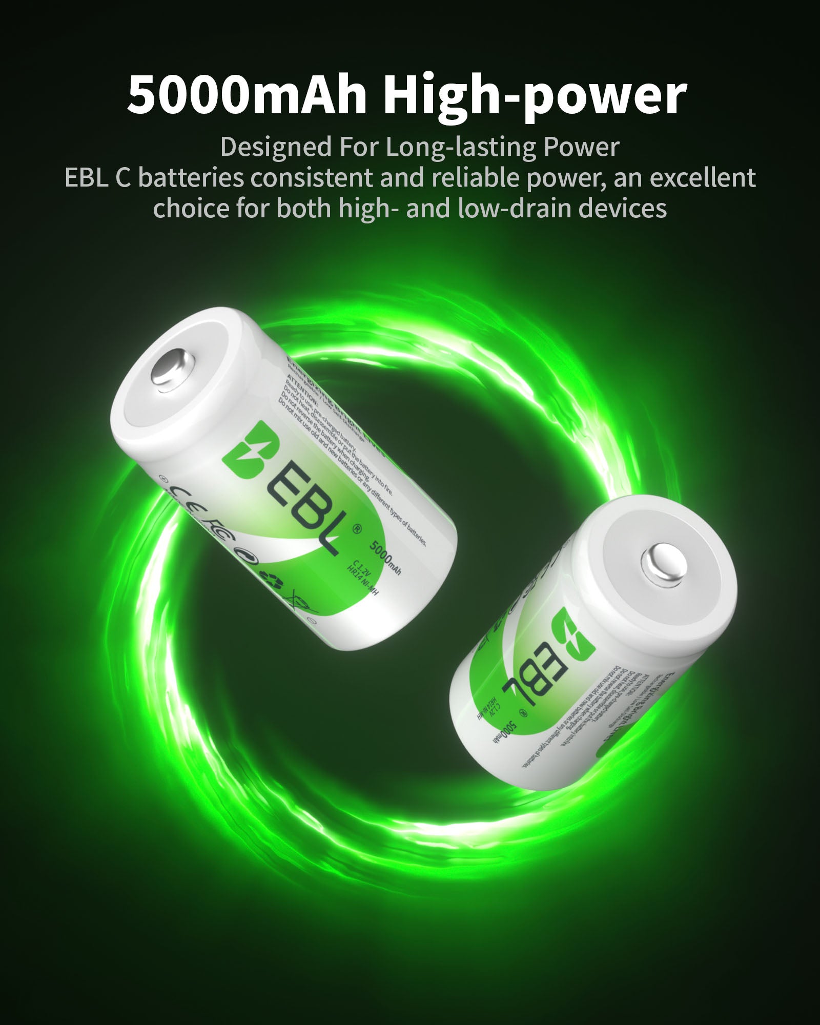 EBL 1.2V 5000mAh NiMH Rechargeable AA Batteries - 8 Pack High Capacity for Digital Cameras, Flashlights, Toys & More - Long Lasting Power Solution
