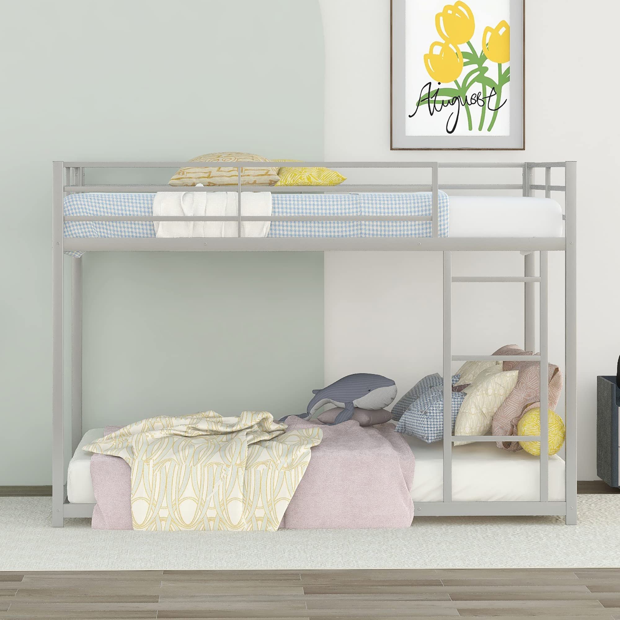 Harper & Bright Designs Sturdy Metal Full Over Full Bunk Bed for Kids - Low Profile Bunk Bed with Ladder for Boys & Girls - No Box Spring Required - Silver Finish - Perfect for Small Rooms, Shared Kids Bedrooms & Sleepovers
