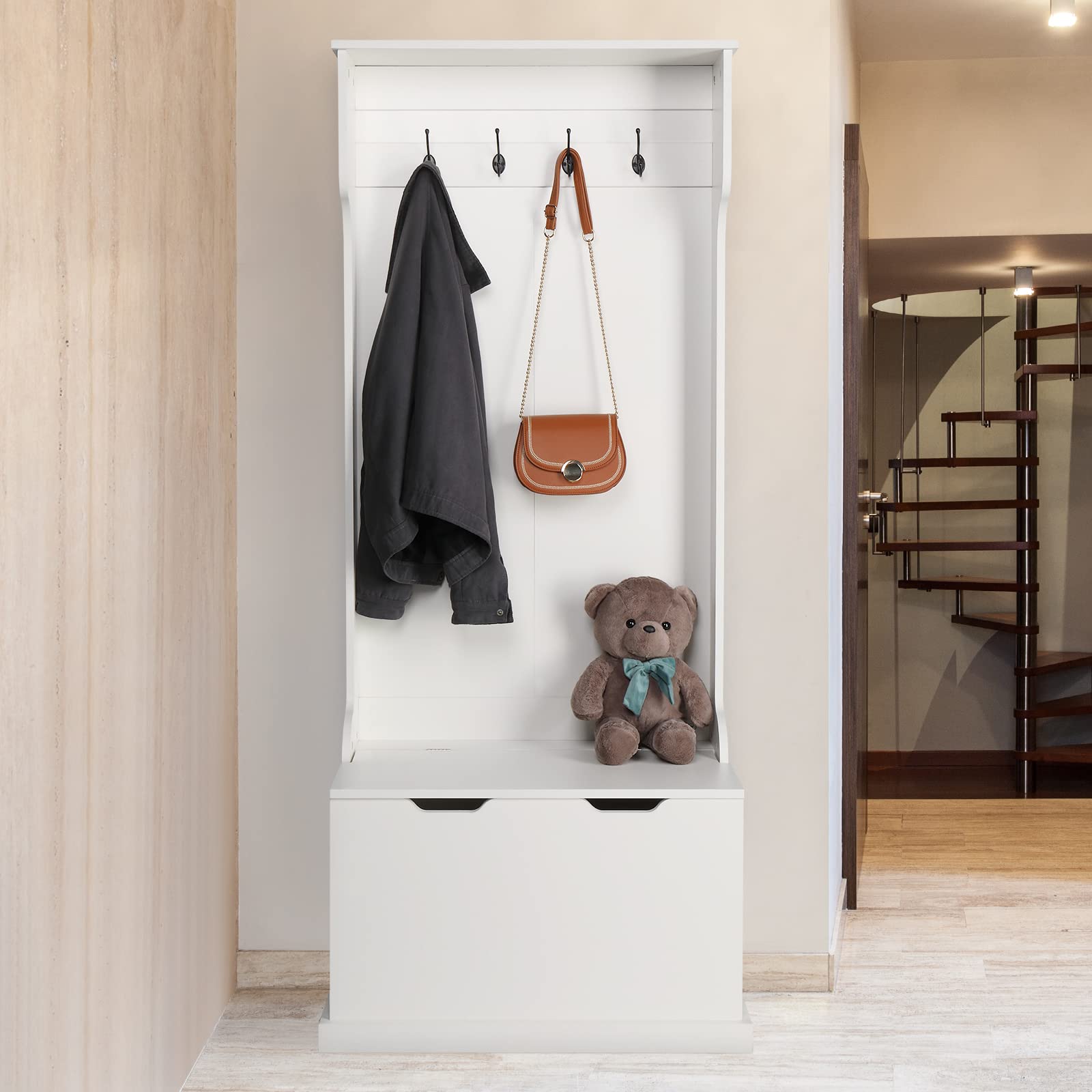 Karl Home 3-in-1 Hall Tree with Storage Bench - Freestanding Coat Rack with 4 Hooks & Flip Cover Seat - Space Saving Entryway Organizer for Bedroom, Hallway & Living Room (67