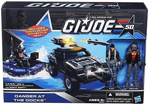 G.I. Joe 50th Anniversary Danger at the Docks Exclusive Action Figure Set with Cobra Night Raft & VAMP Mark II Attack Vehicle (Grey Black Camo) - Flint & Cobra Eel Figures - Toys R Us Exclusive - Perfect for Collectors & Military Toy Enthusiasts