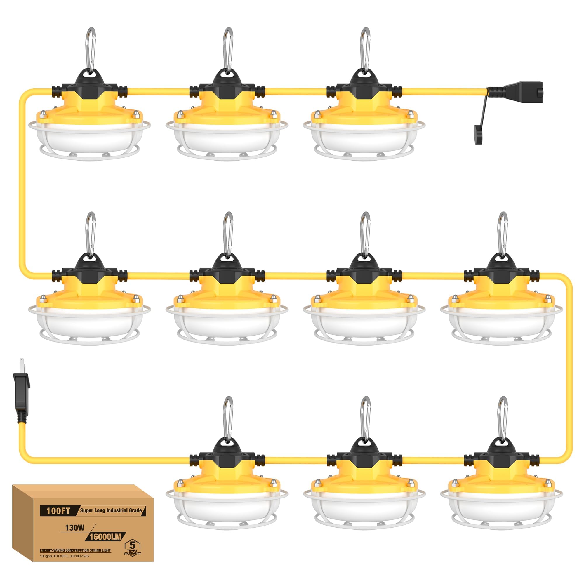 130W 16000LM Heavy Duty Construction String Lights with Metal Cages - 100FT Industrial Grade Work Lights, IP65 Waterproof, 123LM/W Super Bright - Perfect for Construction Sites, Job Sites, Outdoor Lighting, Backyard Parties, and Temporary Work Areas