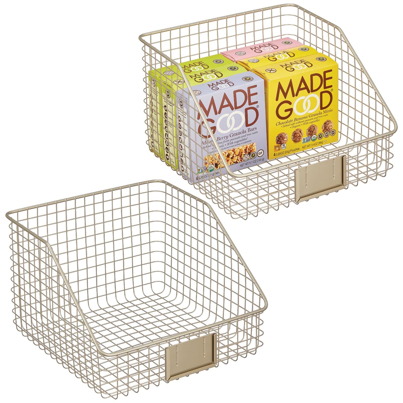 mDesign Slanted Metal Kitchen Food Storage Organizer Bin Basket with Label Slot - Cabinet, Countertop & Pantry Organizer for Produce, Fruits & Vegetables | Omaha Collection, 2-Pack, Satin Finish | Perfect for Kitchen Organization & Decluttering