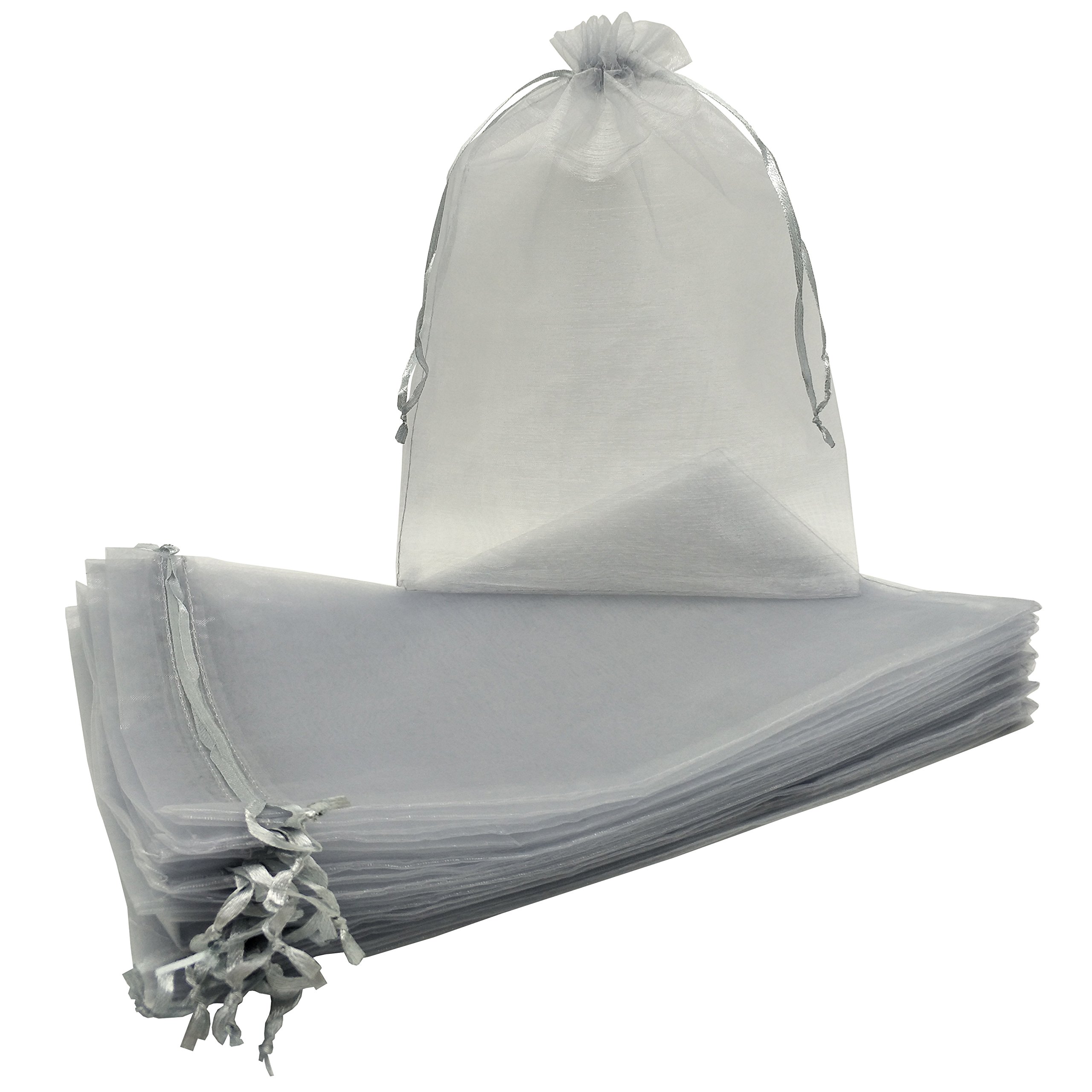 50pcs Sheer Organza Favor Bags 12x16 Inches - Large Silver Grey Drawstring Gift Bags for Wedding Favors, Party Decorations & Jewelry Packaging