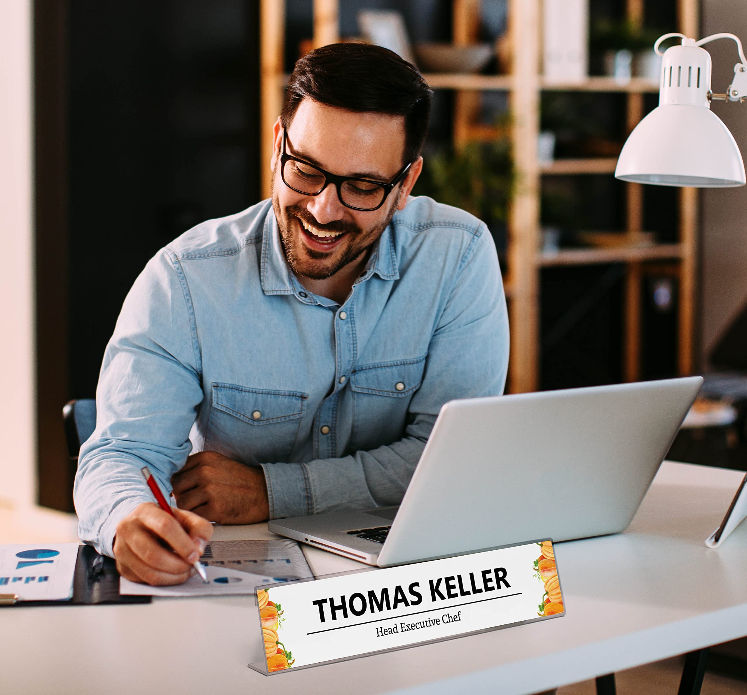 Custom Acrylic Desk Name Plate - Personalized Office Name Sign with Pretty Pumpkin Design (2x8 Inches) | Perfect for Corporate Gifts, Reception Desks & Home Office Decor
