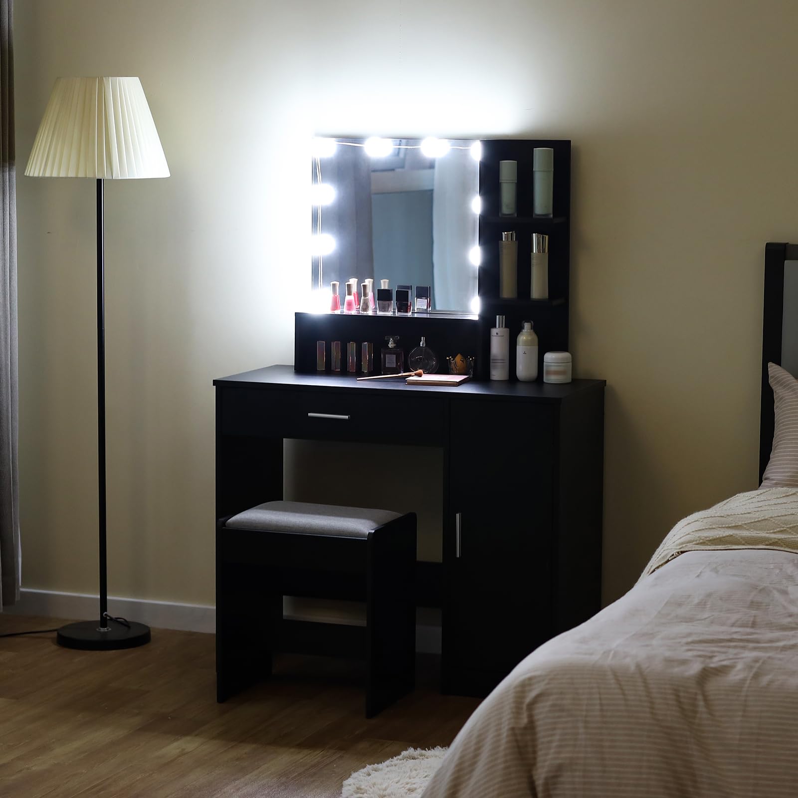 USIKEY Makeup Vanity Desk with LED Lights & Mirror - 3-Tier Storage Vanity Table with Drawer, Cabinet & Stool - Elegant Black Dressing Table for Bedroom, Perfect for Makeup Application & Beauty Organization