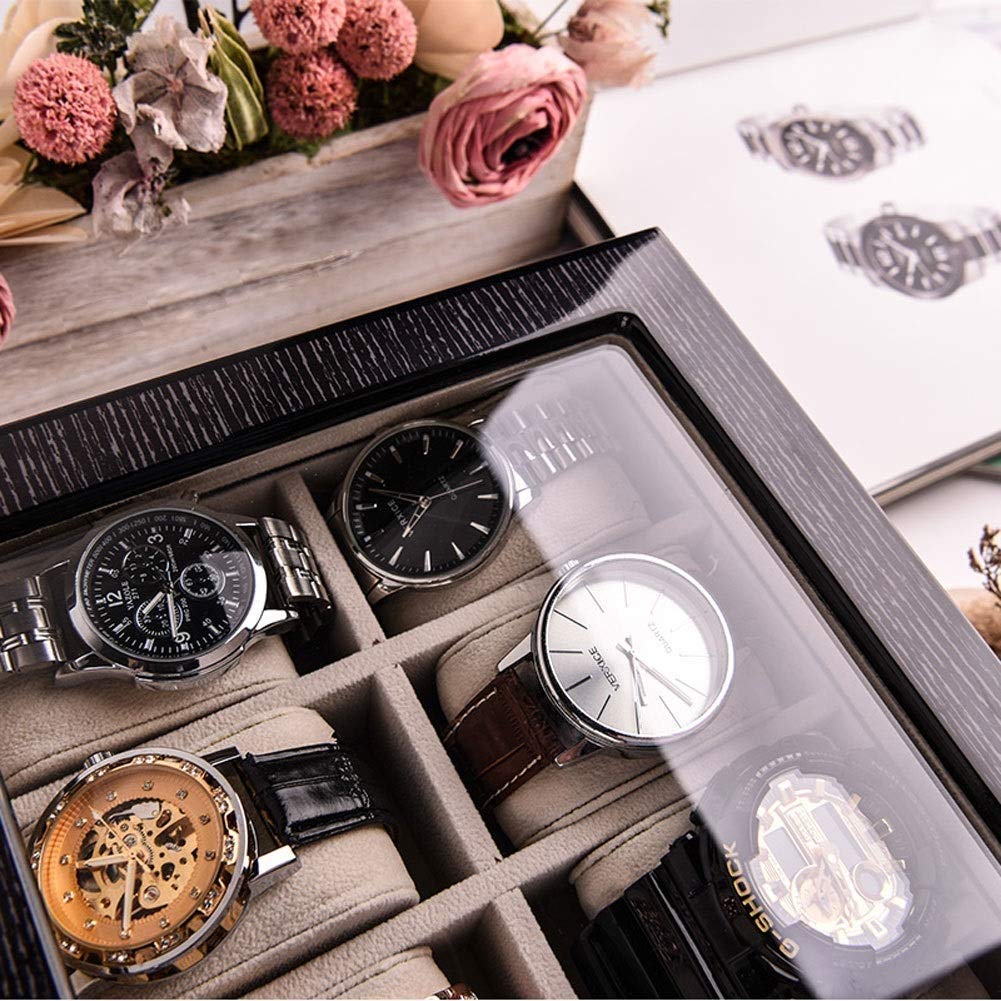2-Layer Lockable Jewelry Organizer Box - Foldable Tray with Removable Dividers, Gray Solid Wood Watch Display Case for 10 Mechanical Watches | Jewelry Storage, Watch Collection & Gift Box for Men & Women