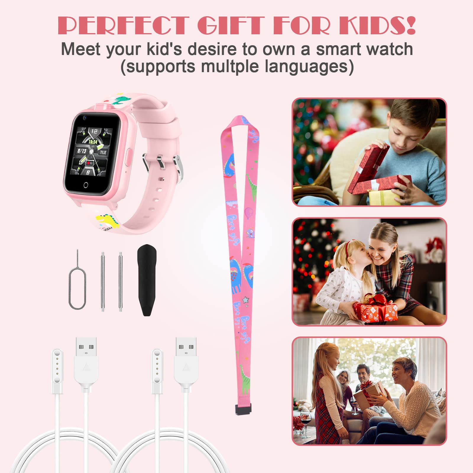 4G GPS Kids Smart Watch with Dual Camera, SOS Calling, Water Resistant - Mini Cell Phone for Boys & Girls Ages 3-12 | Birthday & Christmas Gifts (Pink) - Perfect for School Safety, Outdoor Adventures & Parent-Child Communication