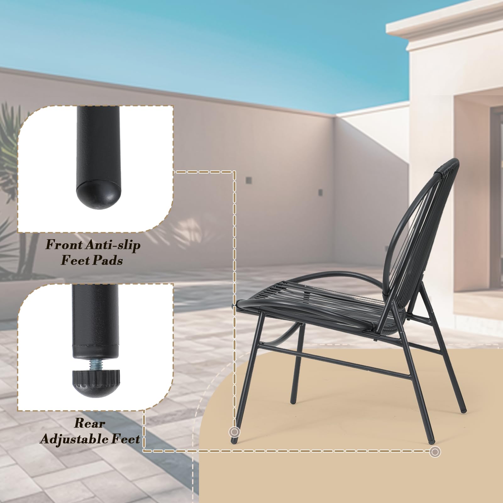 3-Piece Patio Conversation Set - All-Weather Rattan Acapulco Chairs & Round Table Bistro Set for Indoor/Outdoor Use - Perfect for Balcony, Poolside, Garden, Backyard & Patio Decor (Black)