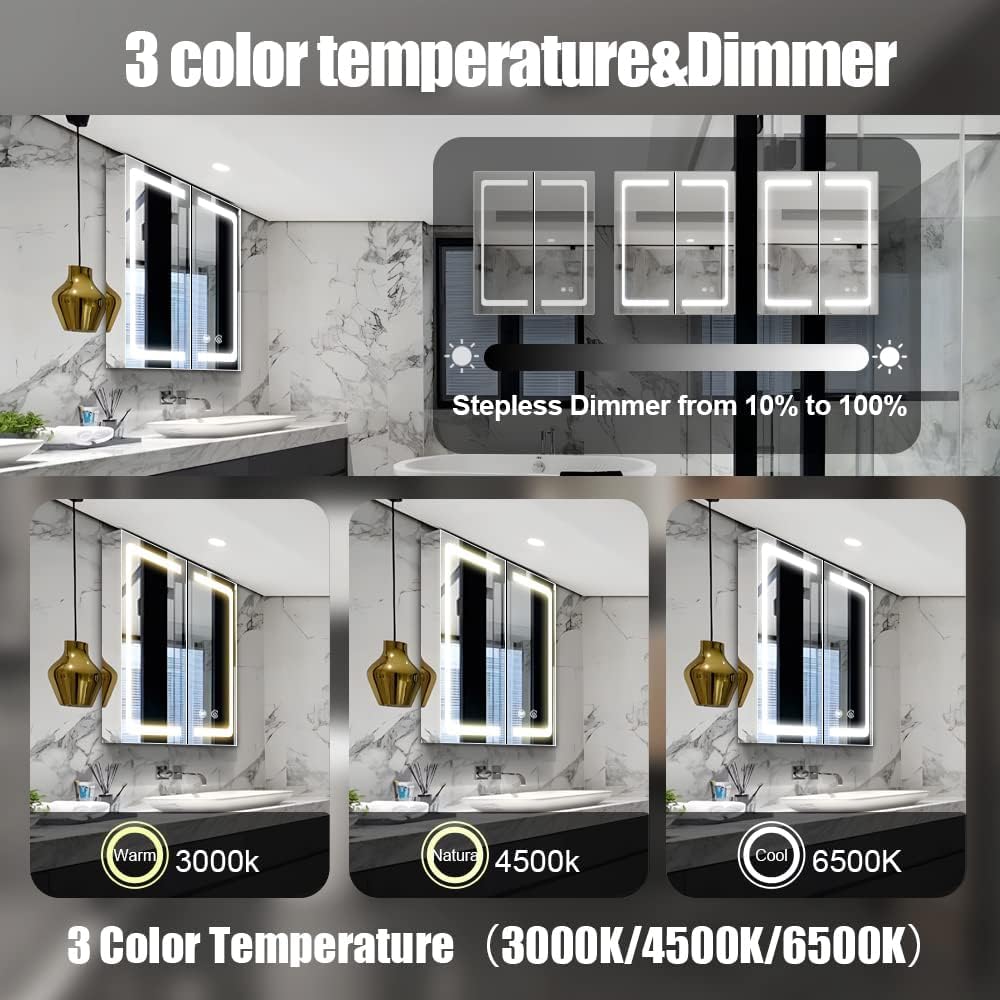 24 Inch X 28 Inch LED Illuminated Bathroom Mirror Cabinet - Stainless Steel Wall Mounted Medicine Cabinet with Touch Control, Color Changing, Dimmer & Anti-Fog Features - Perfect for Modern Bathrooms, Vanities and Makeup Areas