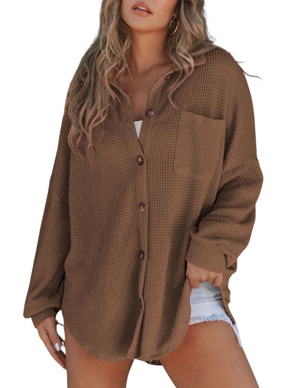 SHEWIN Women's Waffle Knit Button Down Shirt - Casual Long Sleeve Shacket Jacket, Boyfriend Style Loose Fit Blouse for Everyday Wear & Layering