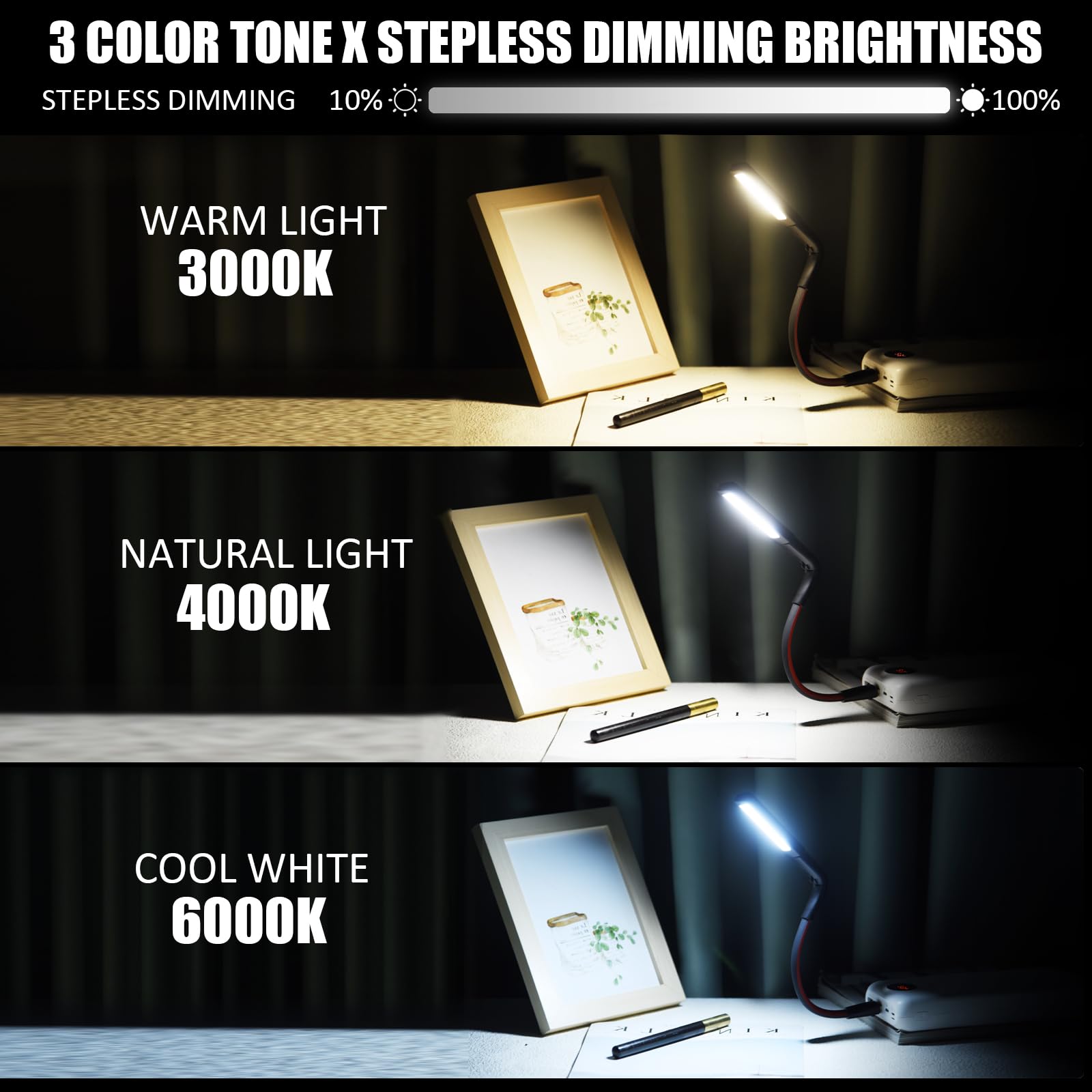 USB LED Light for Laptop - 3 Color Temperature Adjustable, Gesture Sensing, Stepless Dimming Eye-Care Reading Lamp | Flexible Portable USB Light for Keyboard, Camping, Office & Night Reading