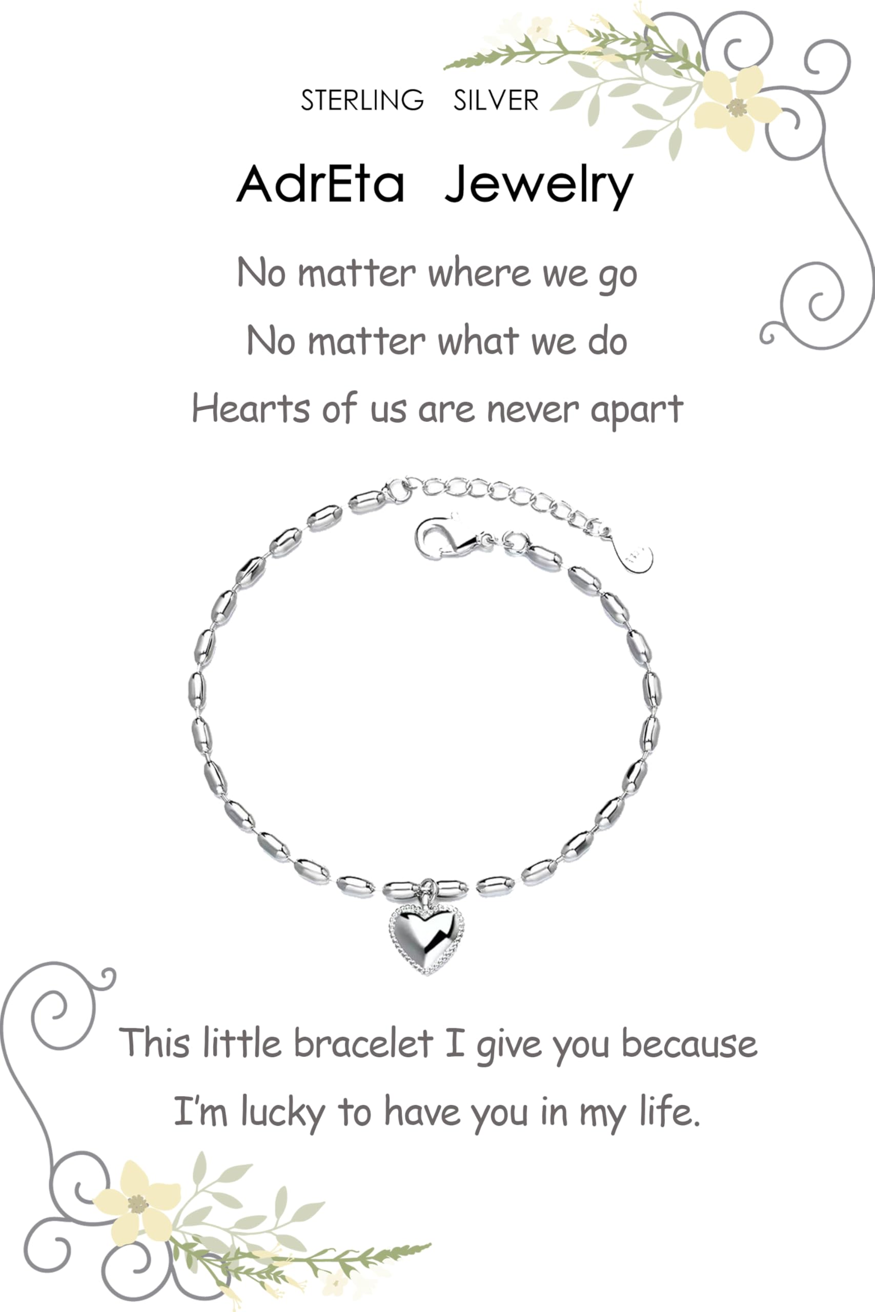 Sterling Silver Friendship Bracelet Adjustable Shiny Beaded Bracelet with Heart Charm for Women & Girls - Perfect Birthday Gift for Best Friends, Sister & Loved Ones (Great for Everyday Wear, Special Occasions & Gift Giving)
