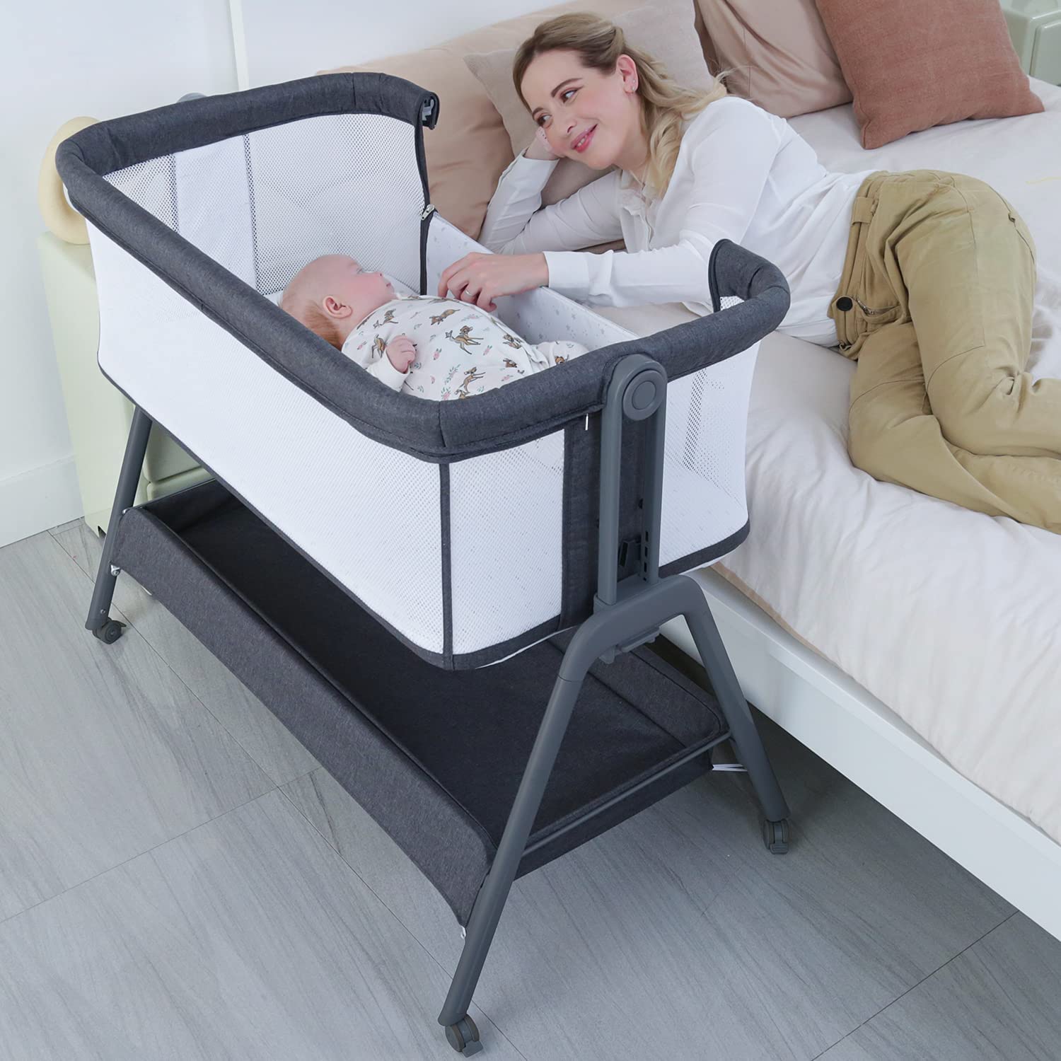 **ANGELBLISS Baby Bassinet Bedside Crib with Storage Basket & Wheels - Adjustable Height, Portable & Foldable Newborn Sleeper for Nursery, Travel & Co-Sleeping**