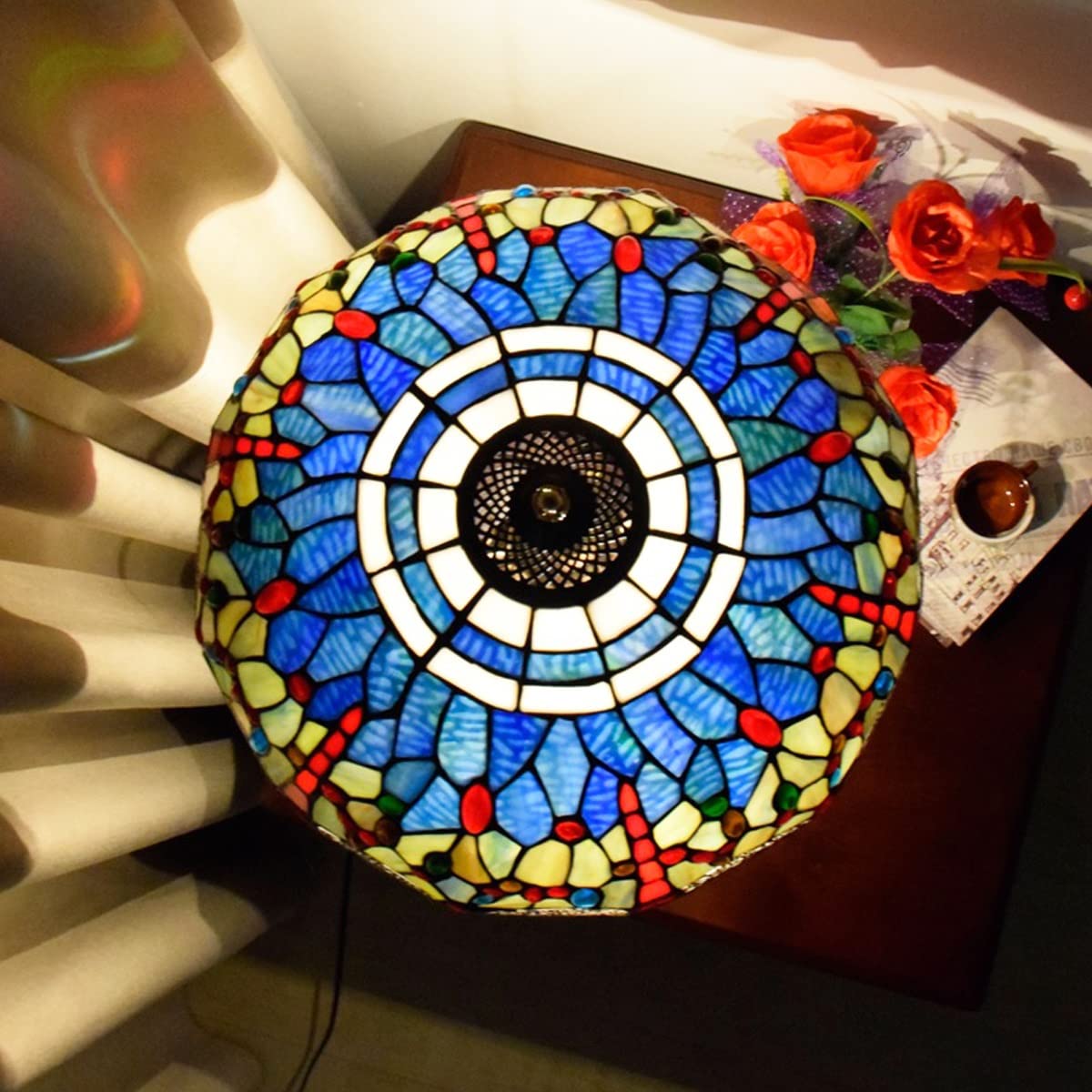 Tiffany Style Dragonfly Table Lamp - Handcrafted Stained Glass Shade with Elk Resin Base - Elegant Living Room Decor, Mediterranean Dining Table Lighting, Cozy Reading Desk Lamp for Home & Office Use