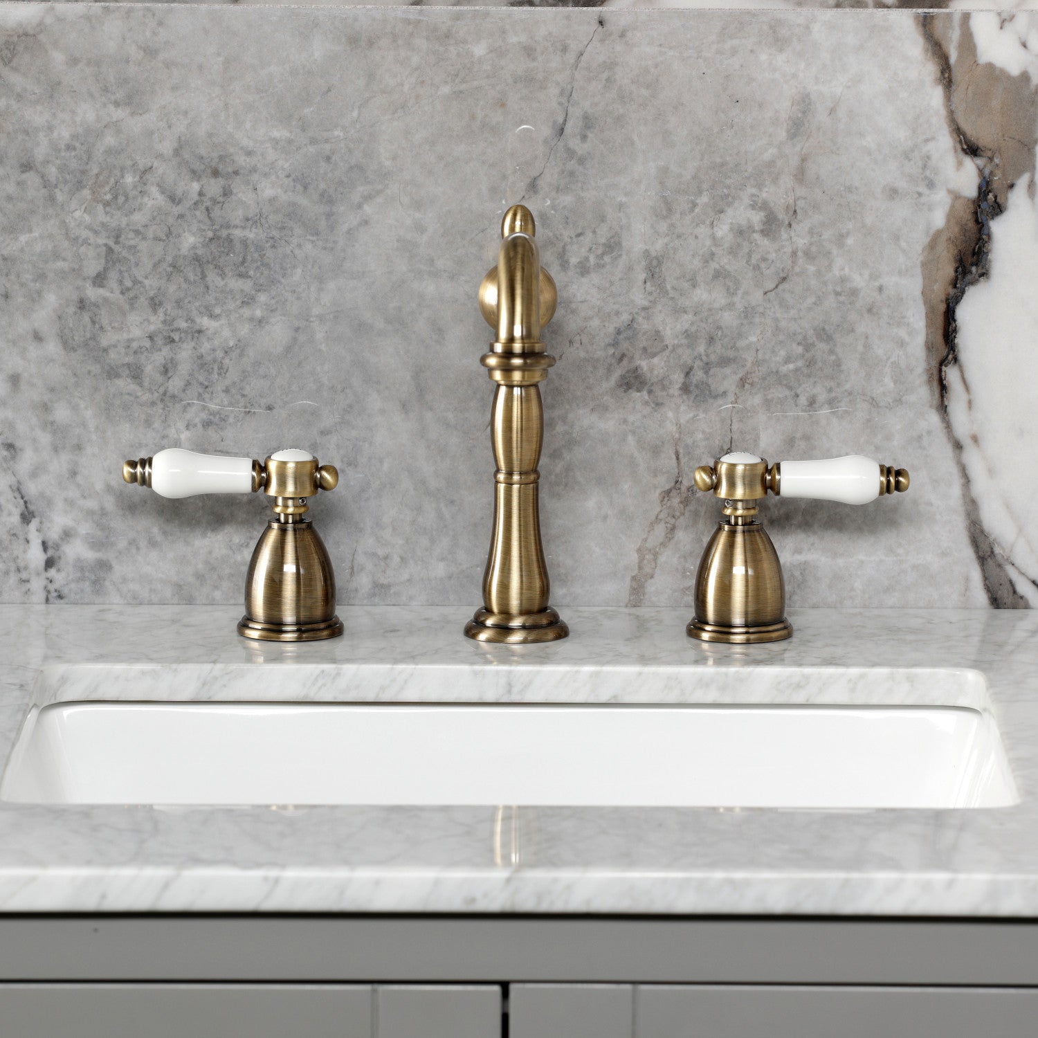 Bel Air KB1973BPL Widespread Bathroom Faucet with Brass Pop Up Drain in Antique Brass Finish - Perfect for Vintage Style Bathroom Renovations and Luxury Home Upgrades