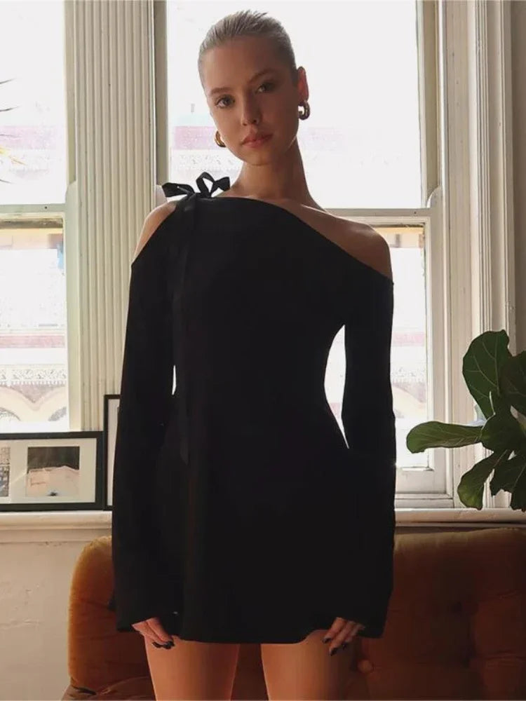Elegant Black Asymmetrical Lace-Up Mini Dress for Women - Off Shoulder Long Sleeve French Style Party Dress (Fall 2023 Collection) | Perfect for Cocktail Parties, Date Nights & Special Occasions