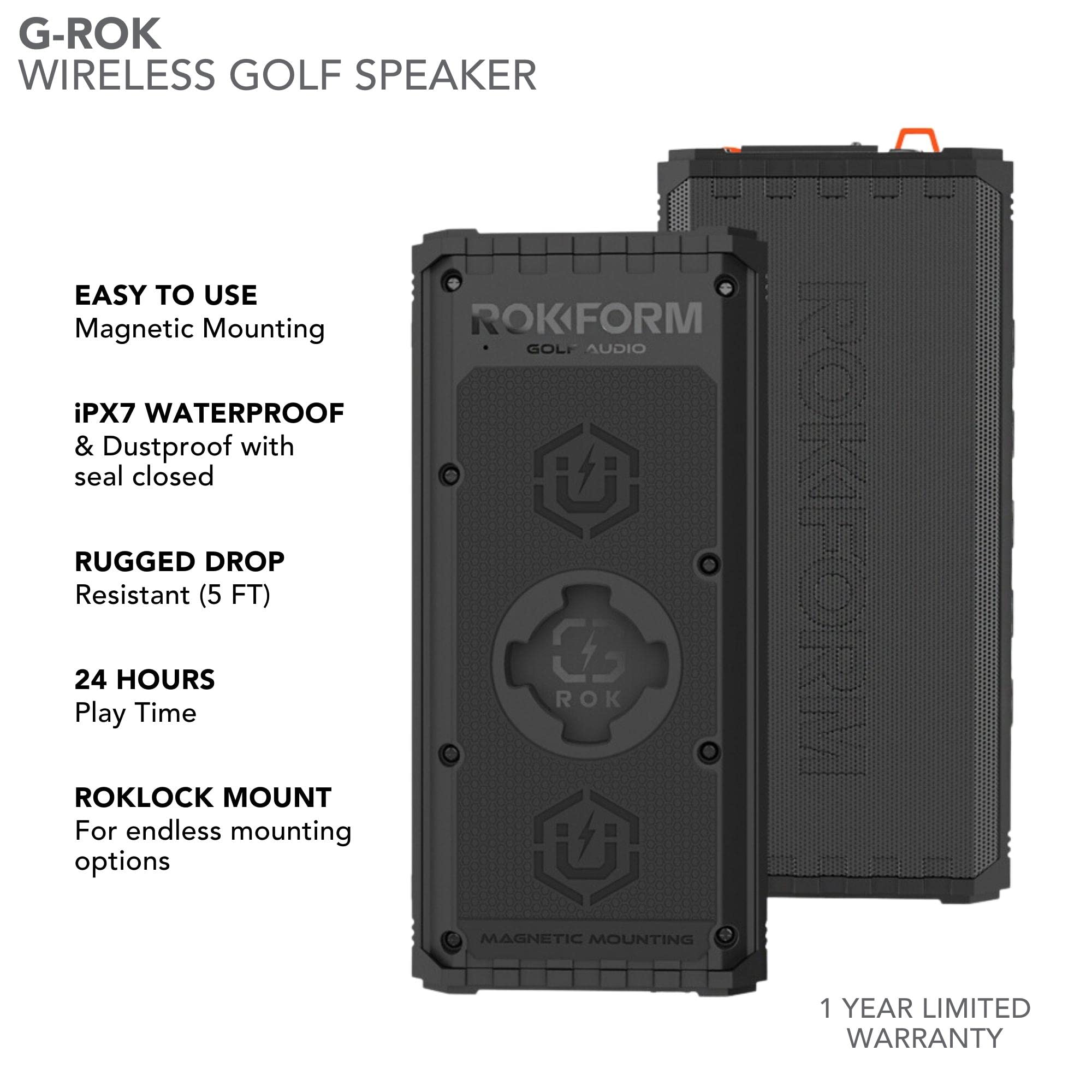 Rokform G-ROK Wireless Golf Speaker – Portable Magnetic, IPX7 Waterproof, Shockproof & Dustproof, Loud Clear Sound, 24-Hour Battery, Rugged Outdoor Golf Cart Speaker (Black) – Perfect for Golf, Camping & Outdoor Adventures