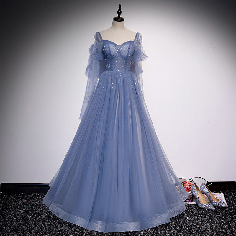 Elegant Blue A-Line Tulle Prom Dress with Long Sleeves - Formal Evening Gown for Homecoming, Quinceañera & Special Occasions - Size 215