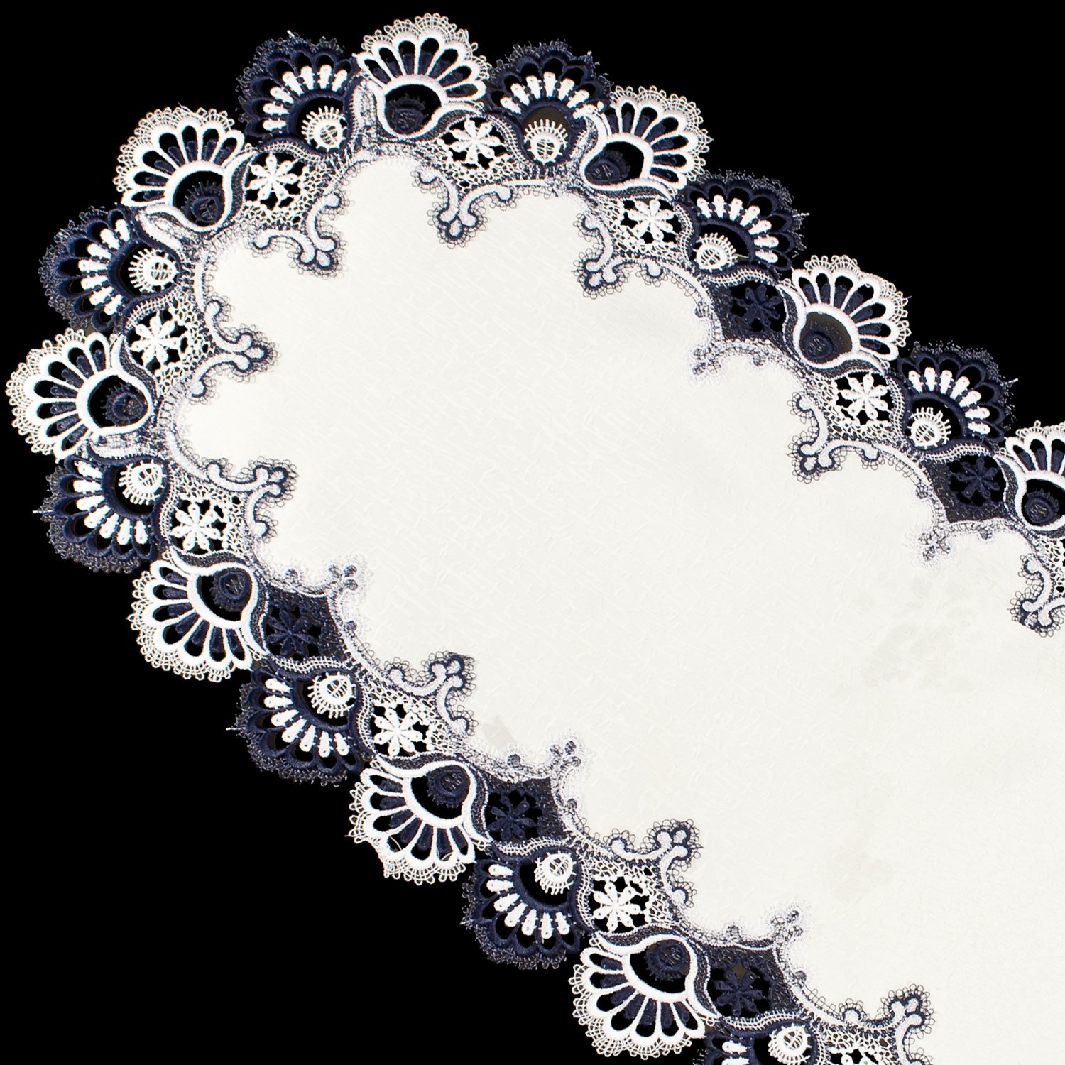 White Navy Blue Jacquard Peacock Tail Lace Dresser Scarf - Elegant Table Runner for Coffee Table, Dining Table, or Dresser (16x35 Inches) - Perfect for Home Decor, Weddings & Special Occasions