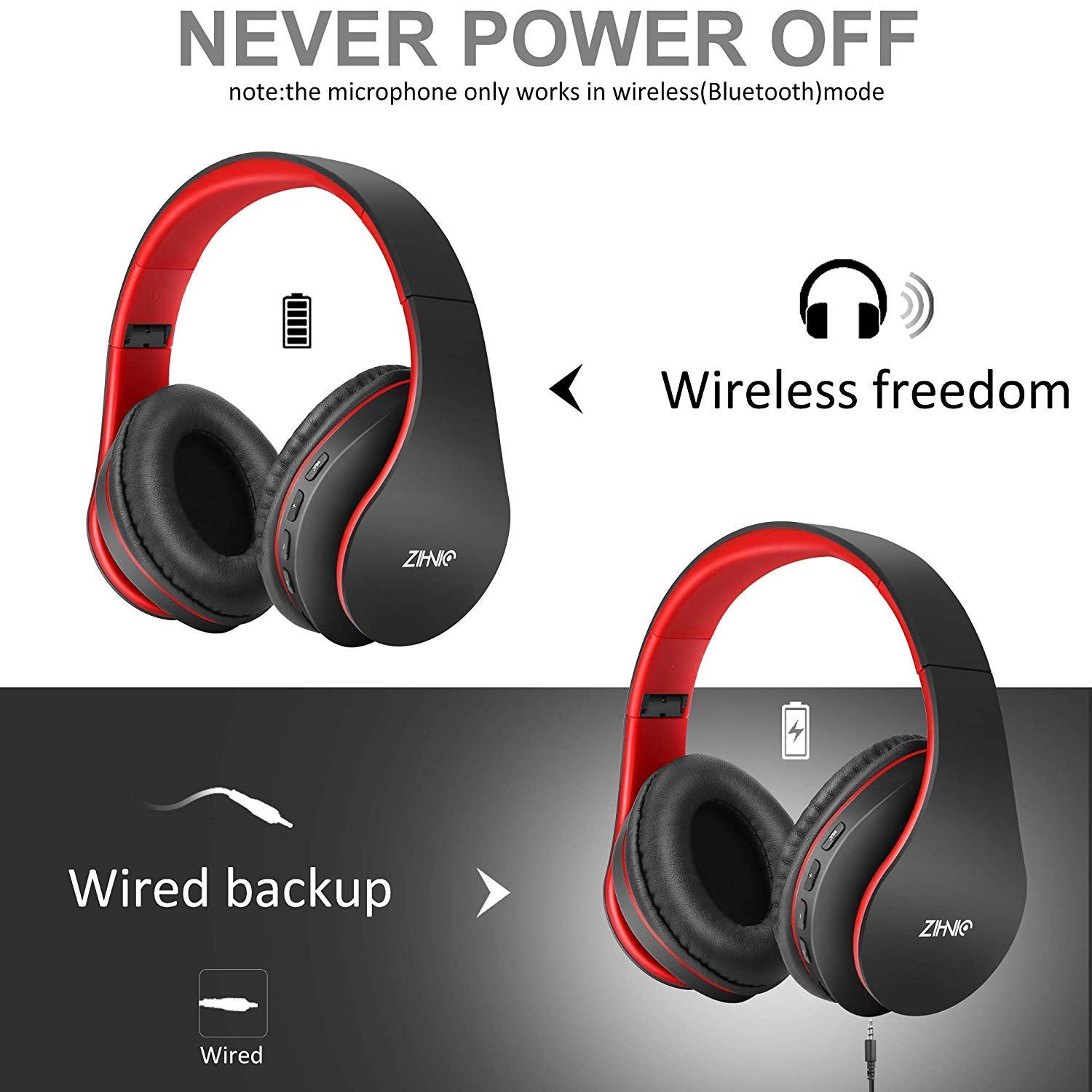 ZIHNIC 2-Pack Wireless Headphones Bundle - 1 Black Over-Ear & 1 Black Red Foldable Bluetooth Headset for Travel, Work, and Gym Use