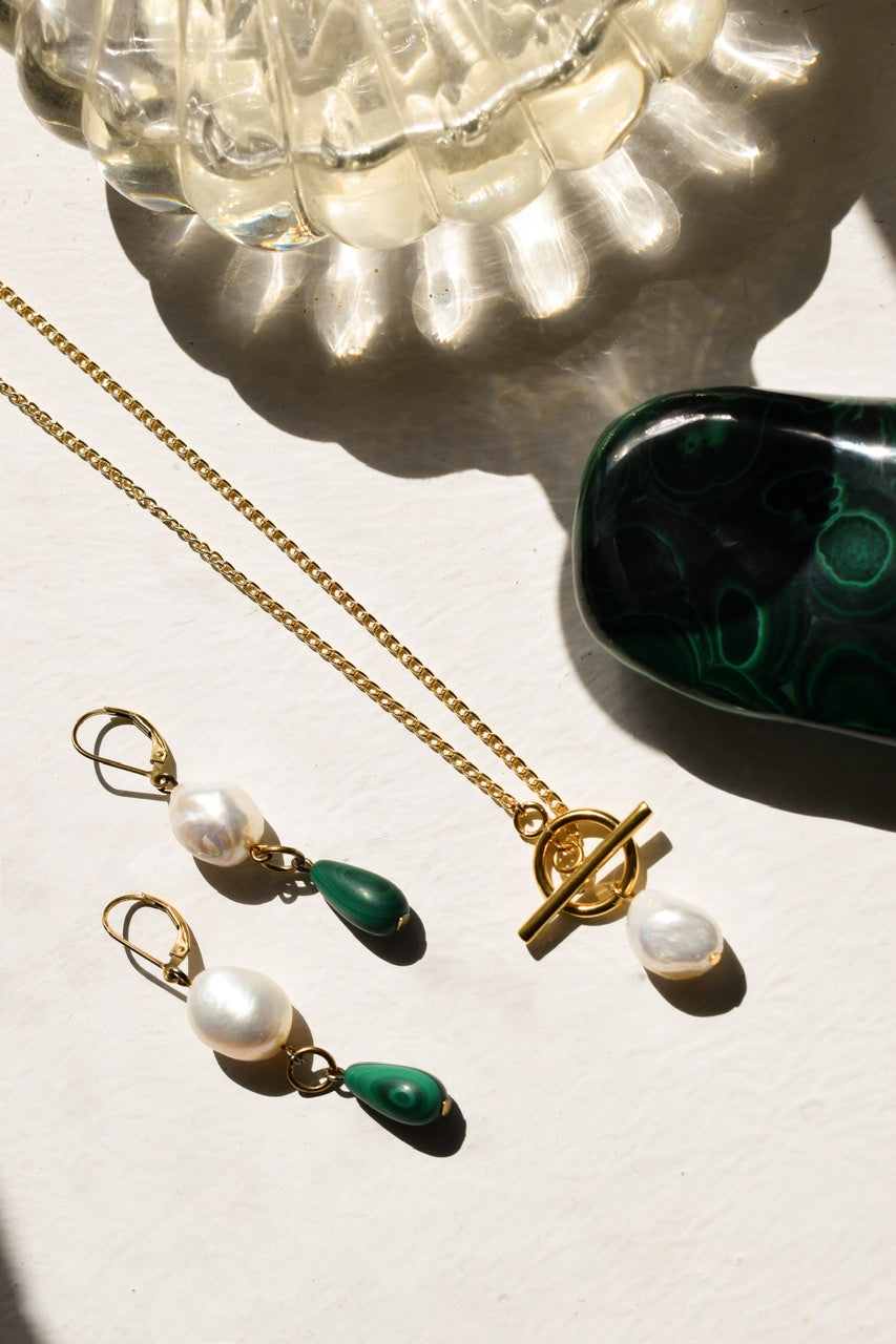 Penelope Malachite and Baroque Pearl Earrings - Handmade Dangle Earrings for Women, Green Gemstone Jewelry - Perfect for Weddings, Parties & Special Occasions
