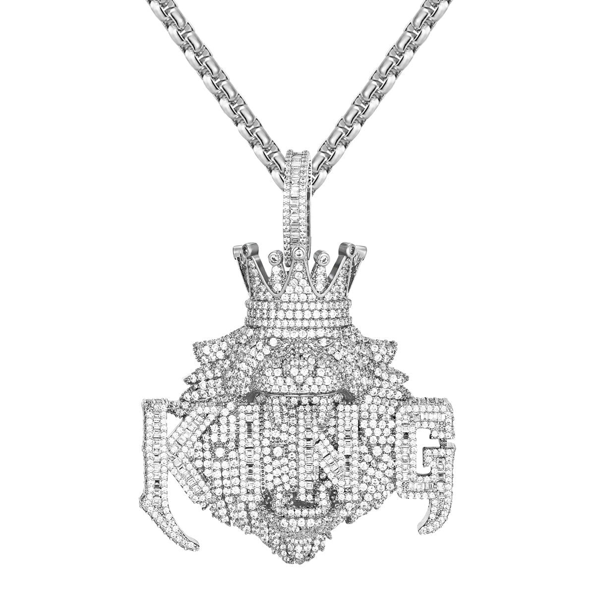 King Crown 3D Lion Face Enamel Custom White Tone Pendant Necklace for Men - Gothic Jewelry for Parties, Costume Events & Fashion Accessories