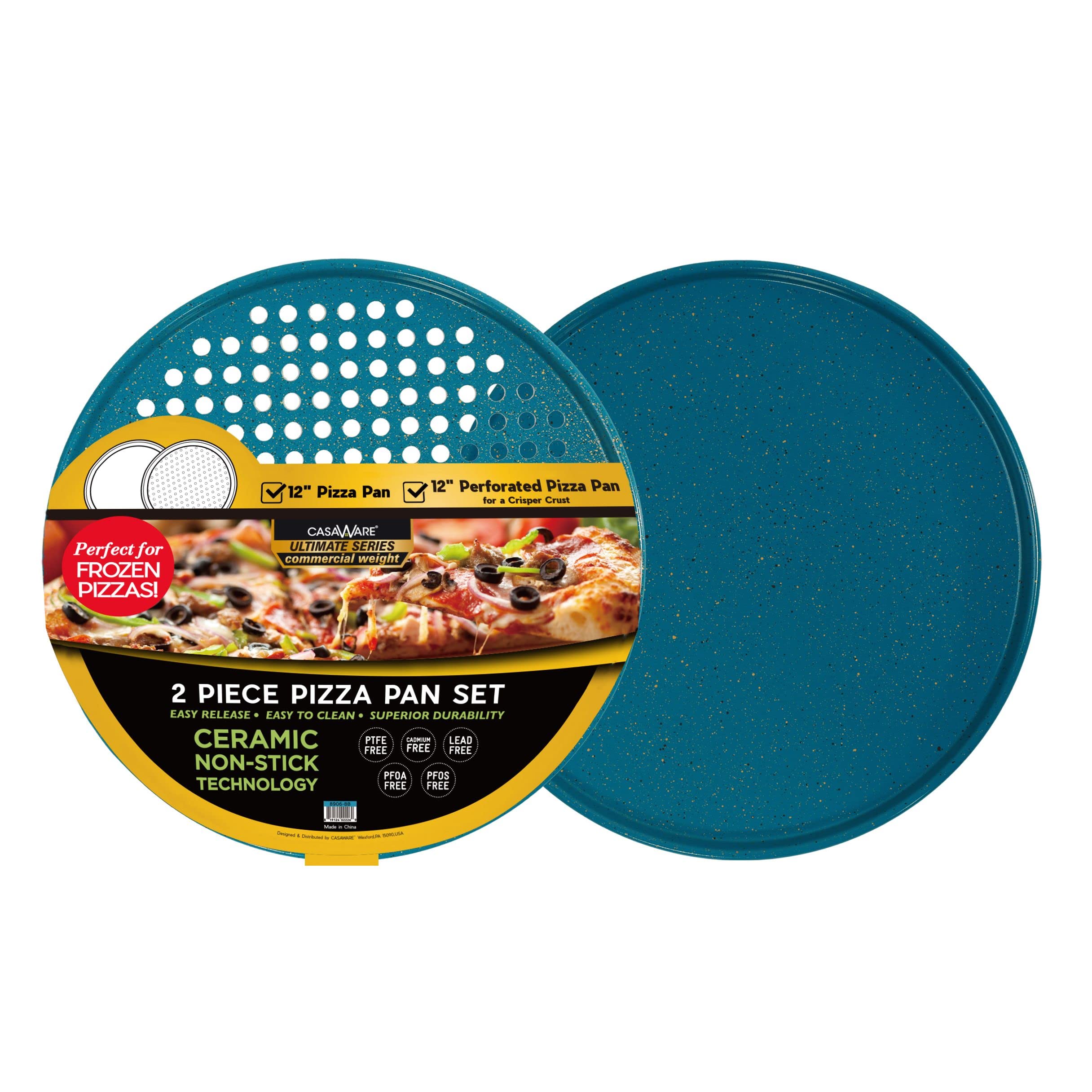 Ultimate 2-Piece Pizza Pan Set - 12-inch Nonstick Ceramic Coated Pizza Pans (Blue Granite) | Includes Solid & Perforated Pans for Perfect Homemade Pizza, Baking & Roasting | Ideal for Oven, Grill & Outdoor Cooking