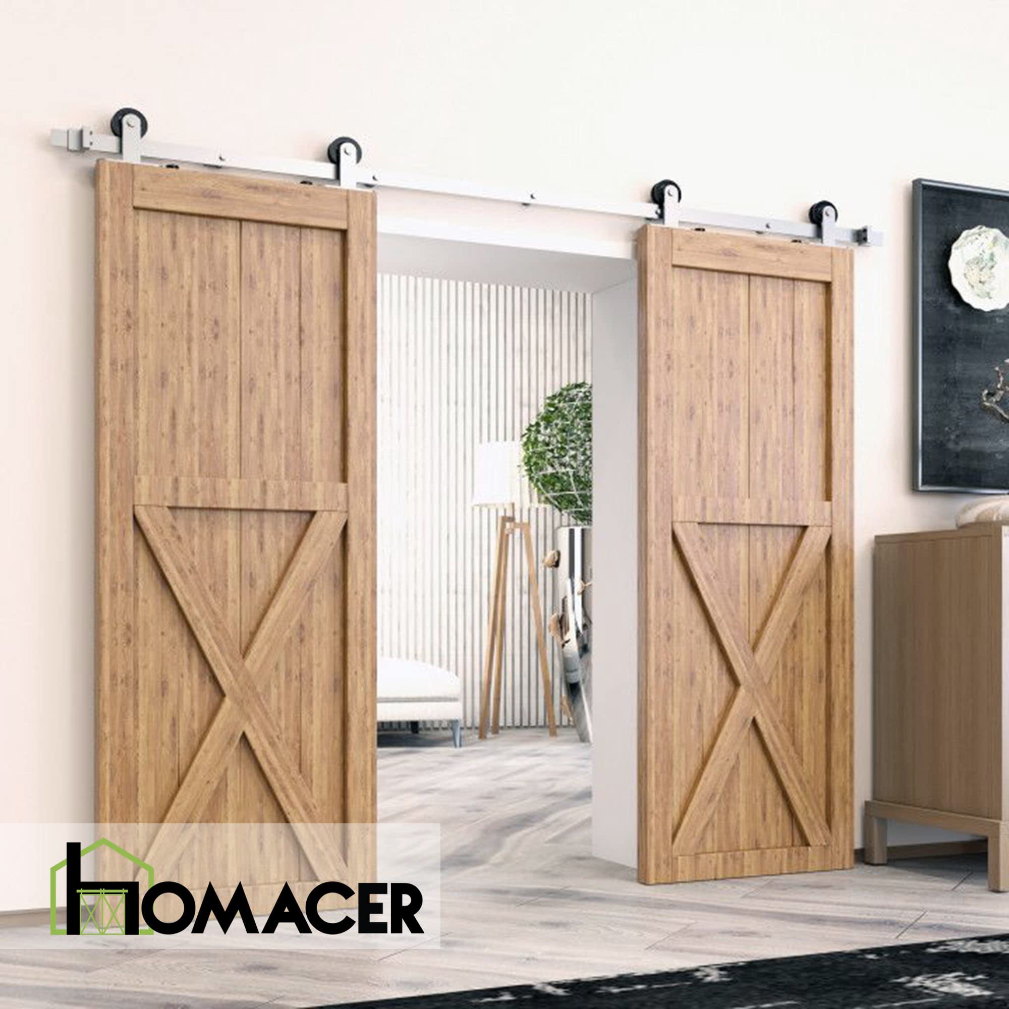Homacer Brushed Nickel Sliding Barn Door Hardware Kit - Heavy Duty Non-Bypass Track System for Double Doors (4ft Flat Track, T-Shape Rollers) - Perfect for Interior & Exterior Home, Office, and Commercial Spaces