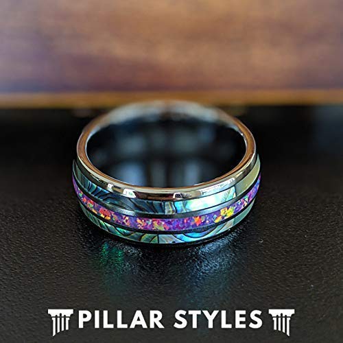 Men's Silver Opal Tungsten Wedding Band - 8mm Comfort Fit Unique Inlay Ring for Him - Nature Inspired Tropical Gifts for Anniversary, Engagement & Special Occasions